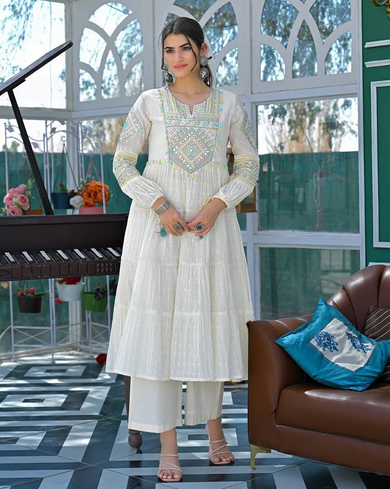 Aromie three piece casual rayon kurta set in white with decorative embroidery and comfortable design