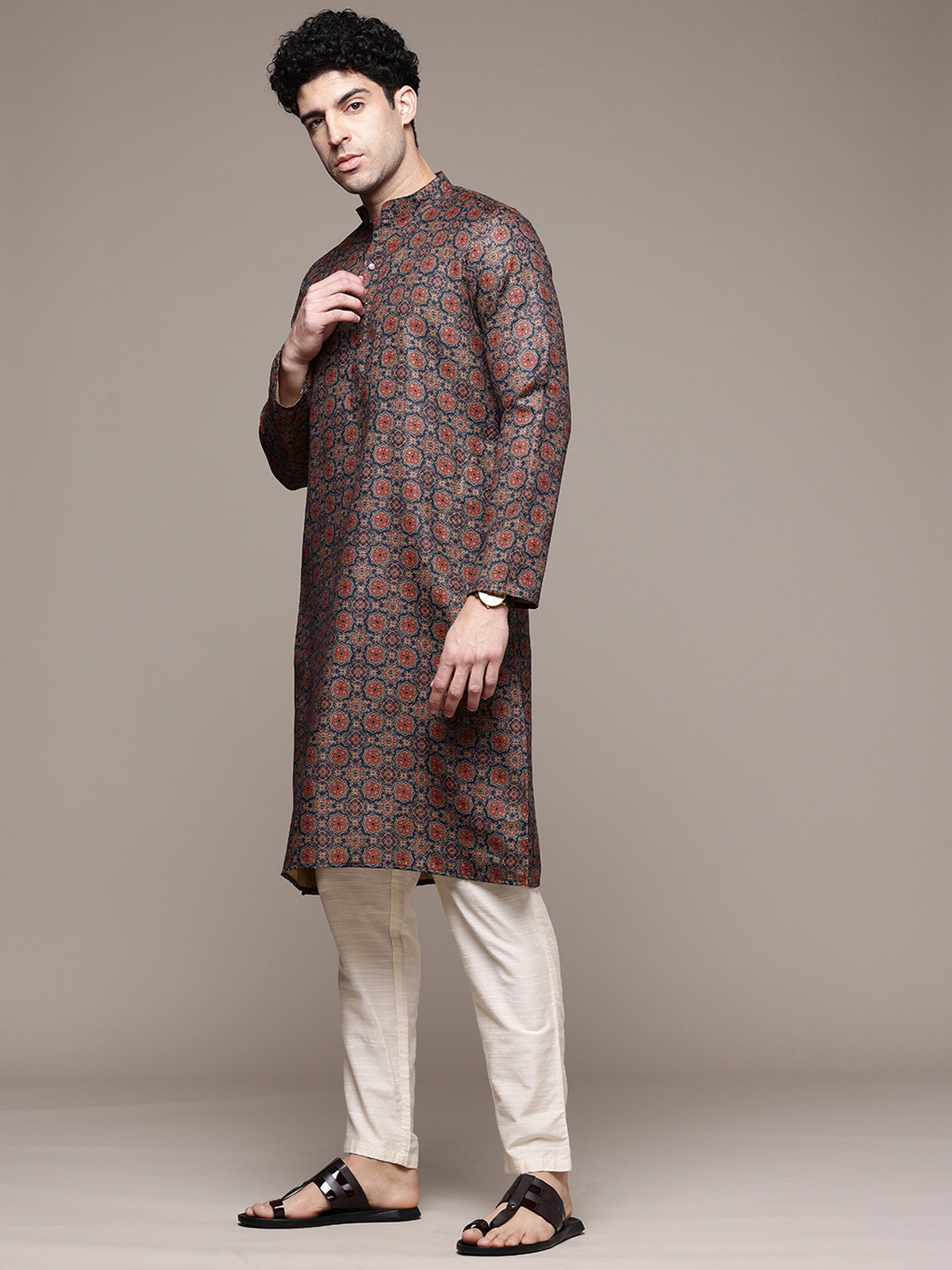 Men’s Navy Blue & Rust Printed Cotton Blend Kurta AROMIE | Affordable Indian Clothes & Dresses in Canada