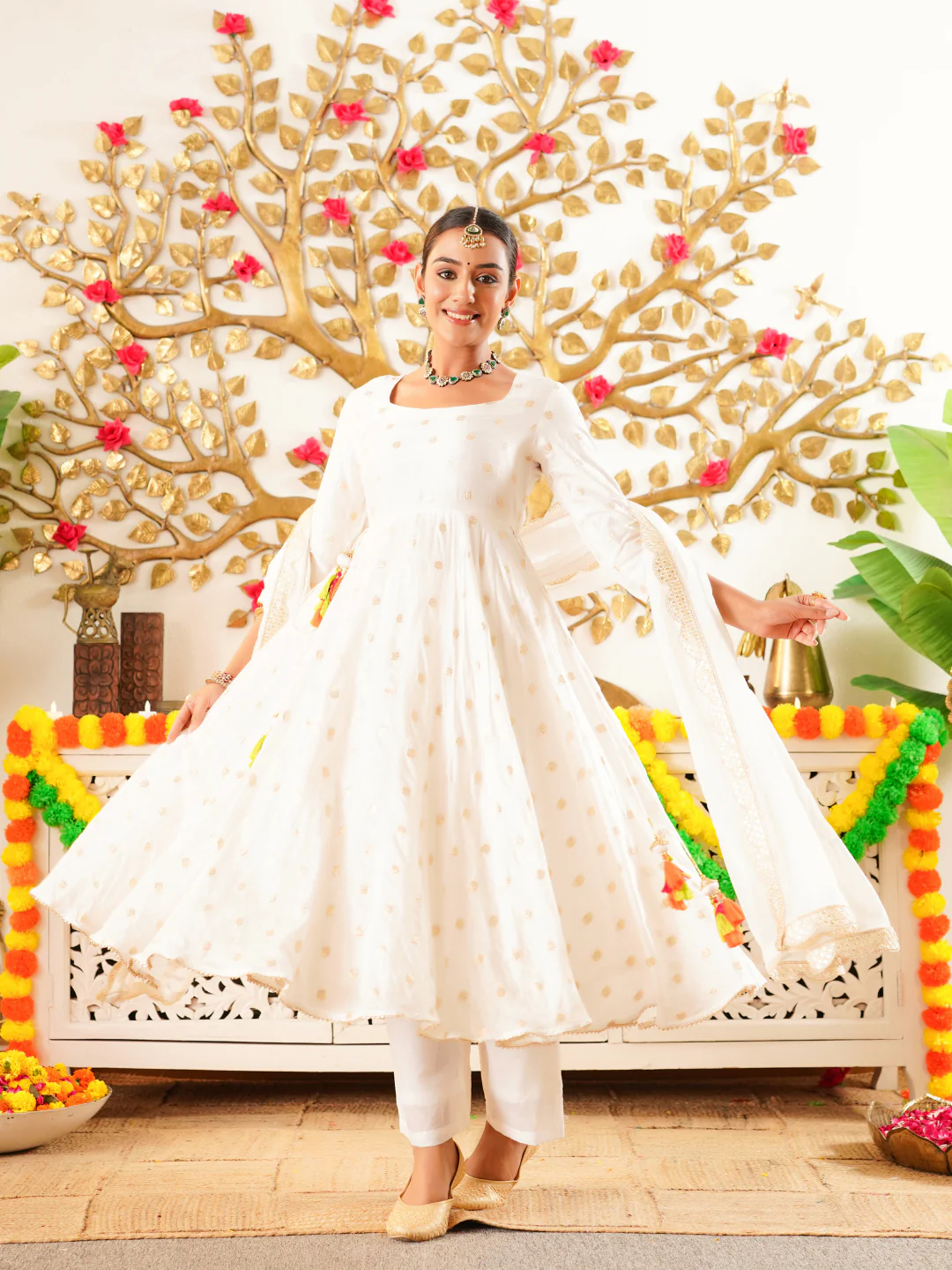 White Chanderi Festive Suit Set with Palazzo & Dupatta