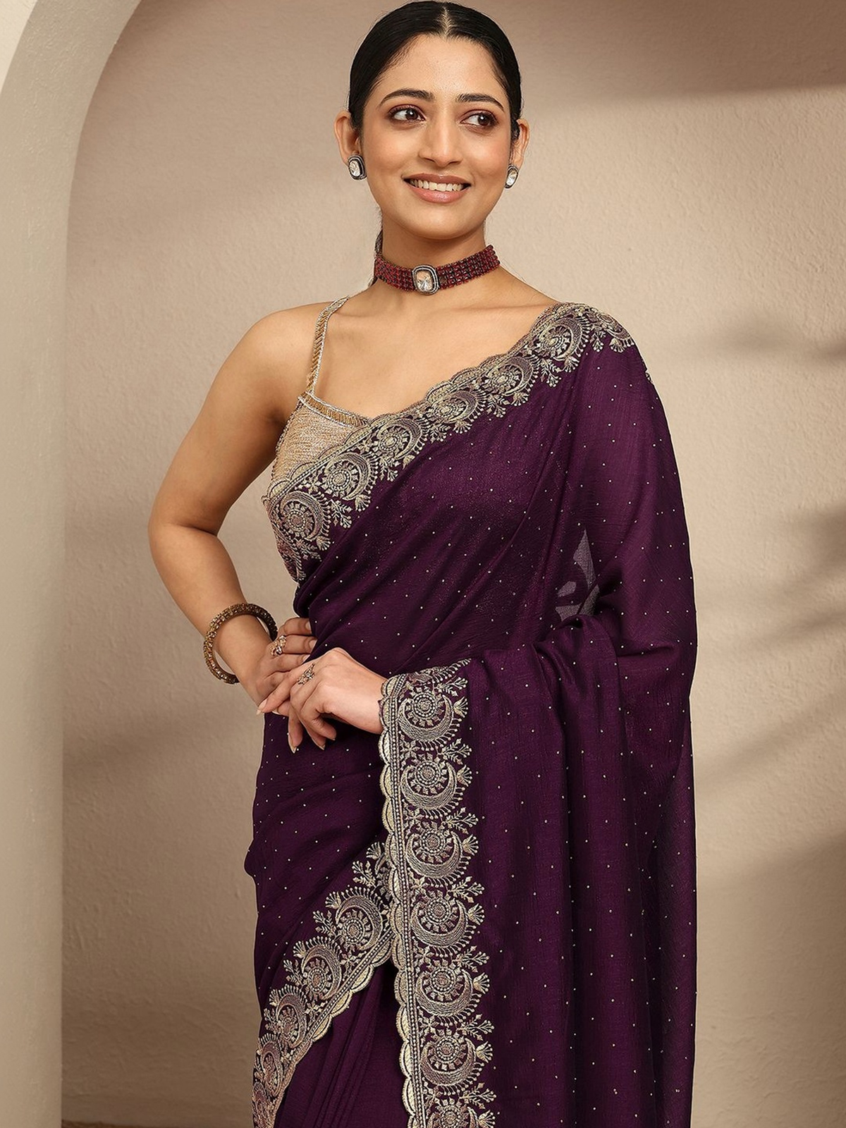 Burgundy Silk Blend Saree with Beadwork and Zari Border aromie