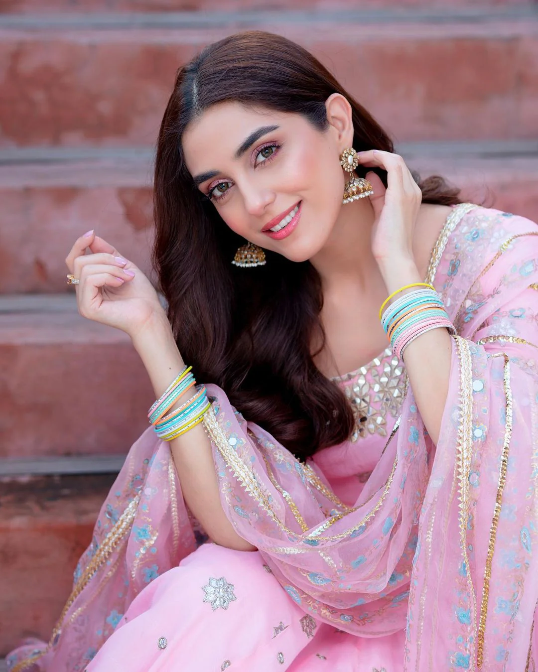 Mahika Pink Chiffon Anarkali Suit Set with Handwork Detailing