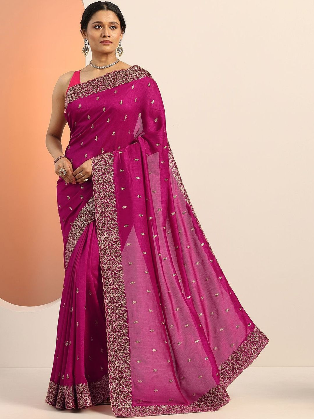 Magenta Embroidered Silk Blend Saree with Blouse Piece aromie