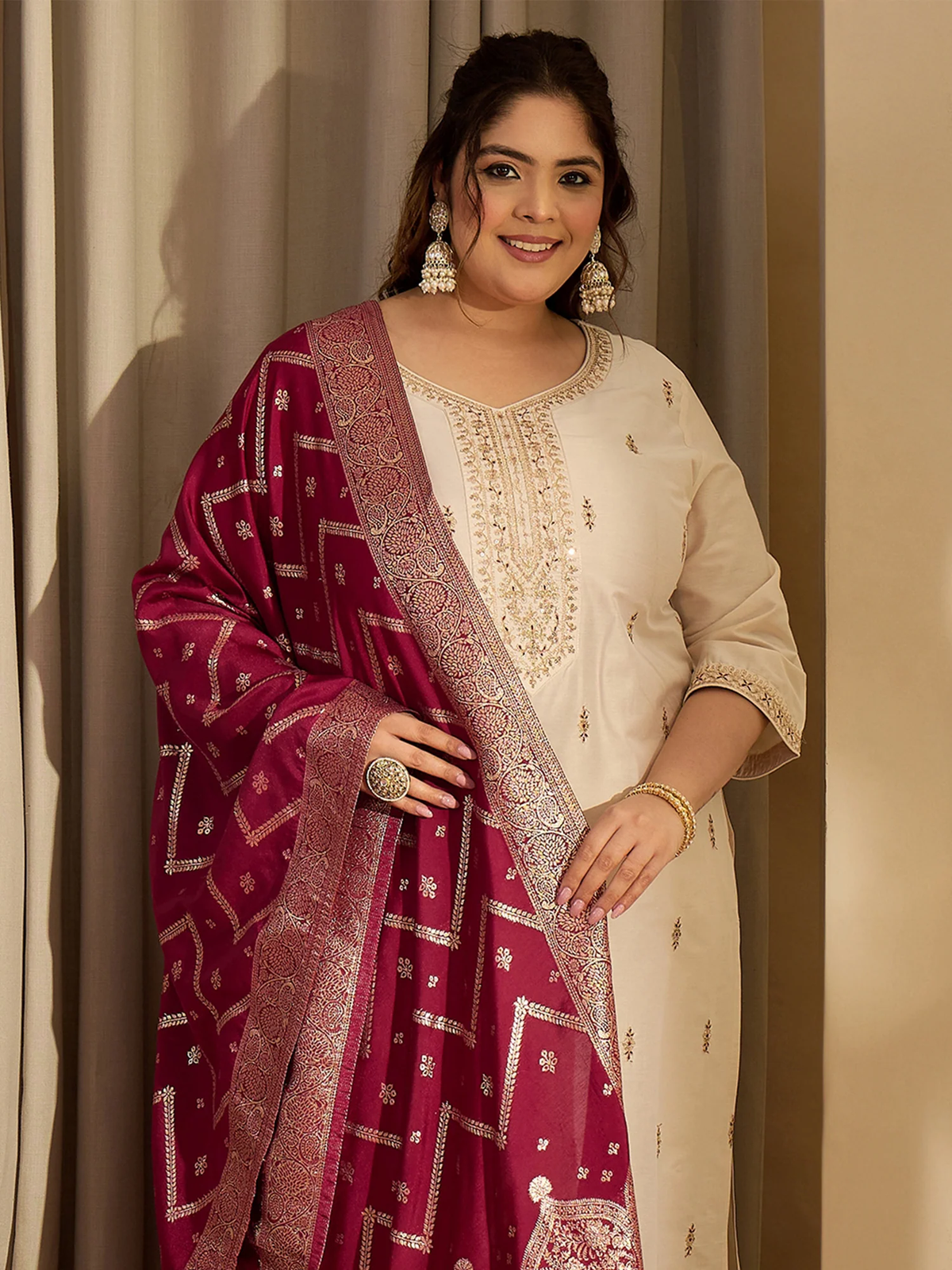 Plus Size Off White Embroidered Straight Kurta Set with Trousers & Dupatta