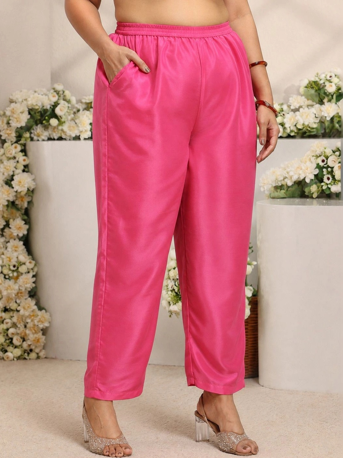 Pink Embroidered Silk Blend Kurta Set with Trousers & Dupatta aromie