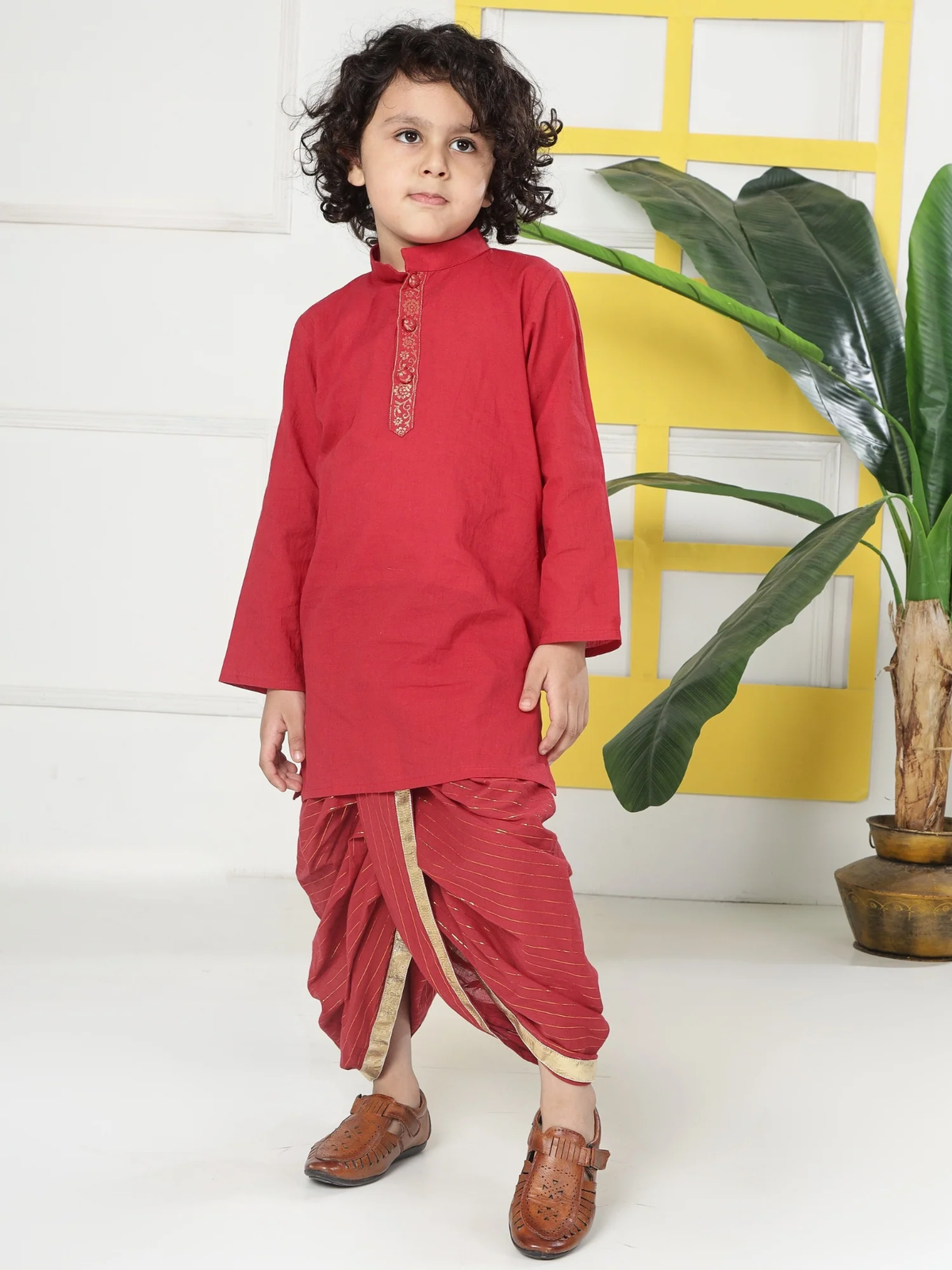 Red Minimal Zari Embroidery Cotton Kurta Dhoti set