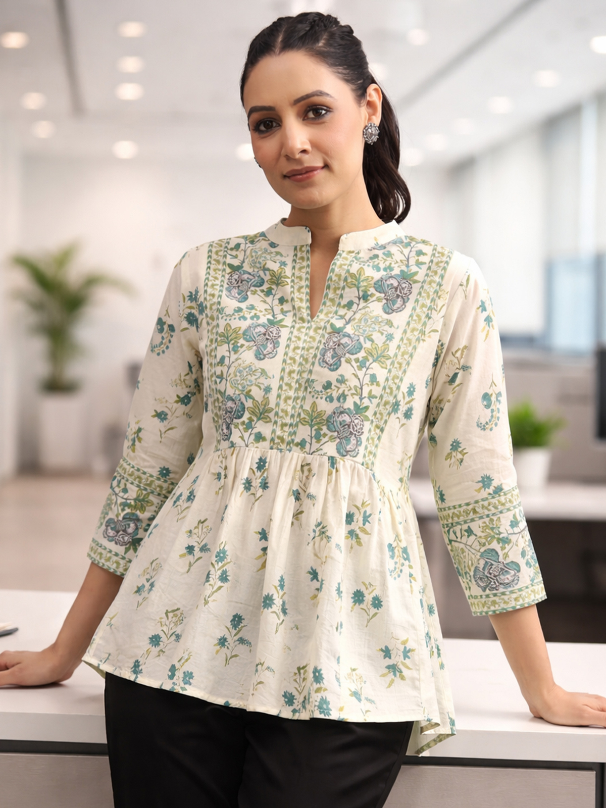 Women’s Cream & Green Floral Print Cotton A-Line Kurti AROMIE.STORE