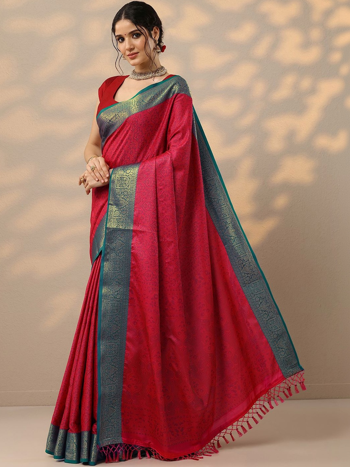 Red Kanjeevaram Silk Blend Saree with Woven Ethnic Motifs aromie