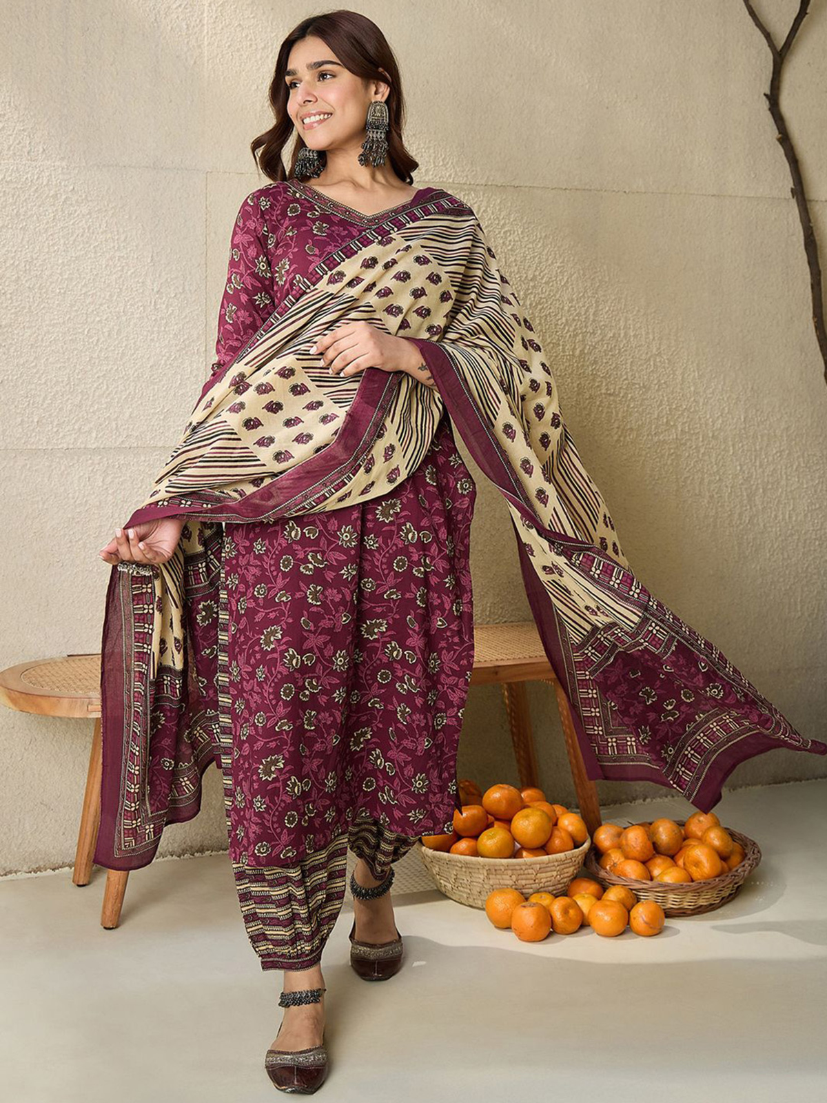 Maroon Floral Printed Cotton Kurta Set with Salwar & Dupatta