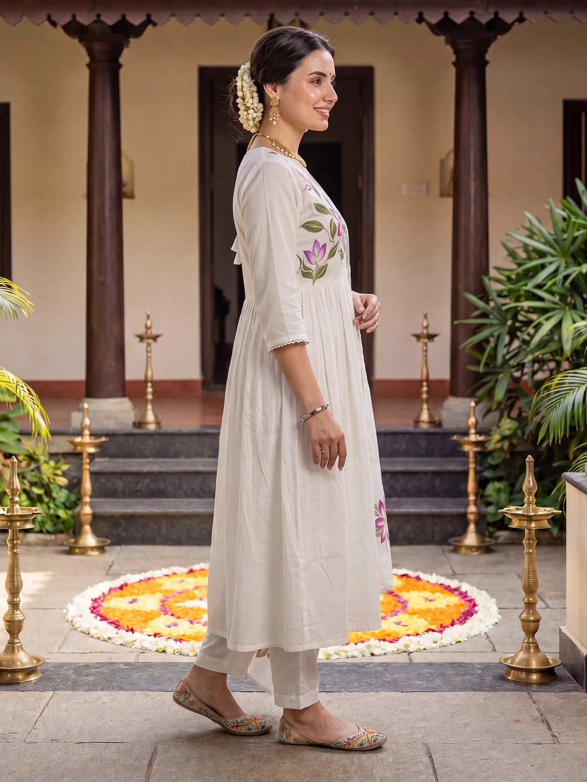 Off-White Floral Printed Cotton Anarkali Set with Dupatta aromie
