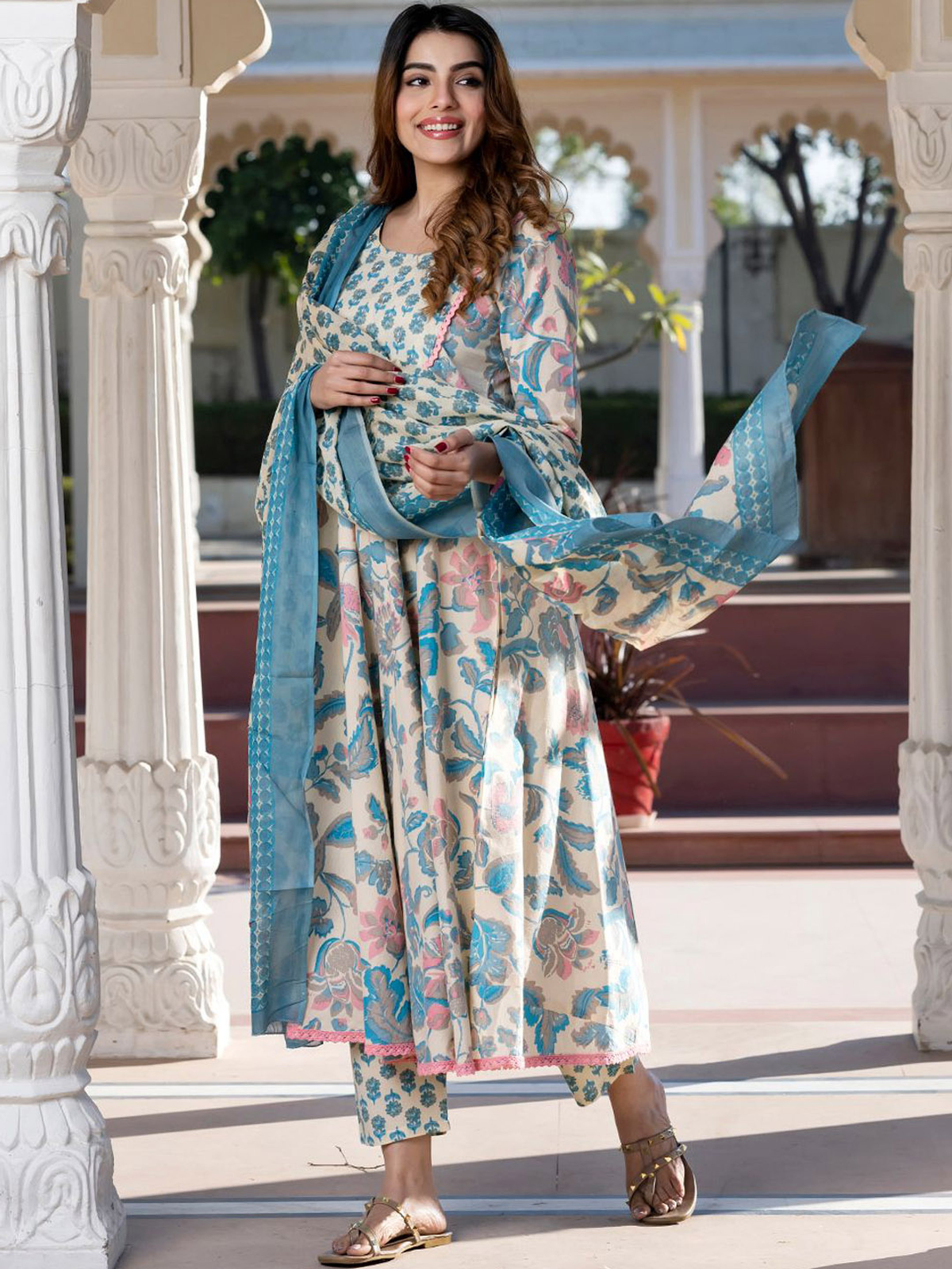 Cream Floral Printed Cotton Anarkali Kurta Set with Trousers & Dupatta