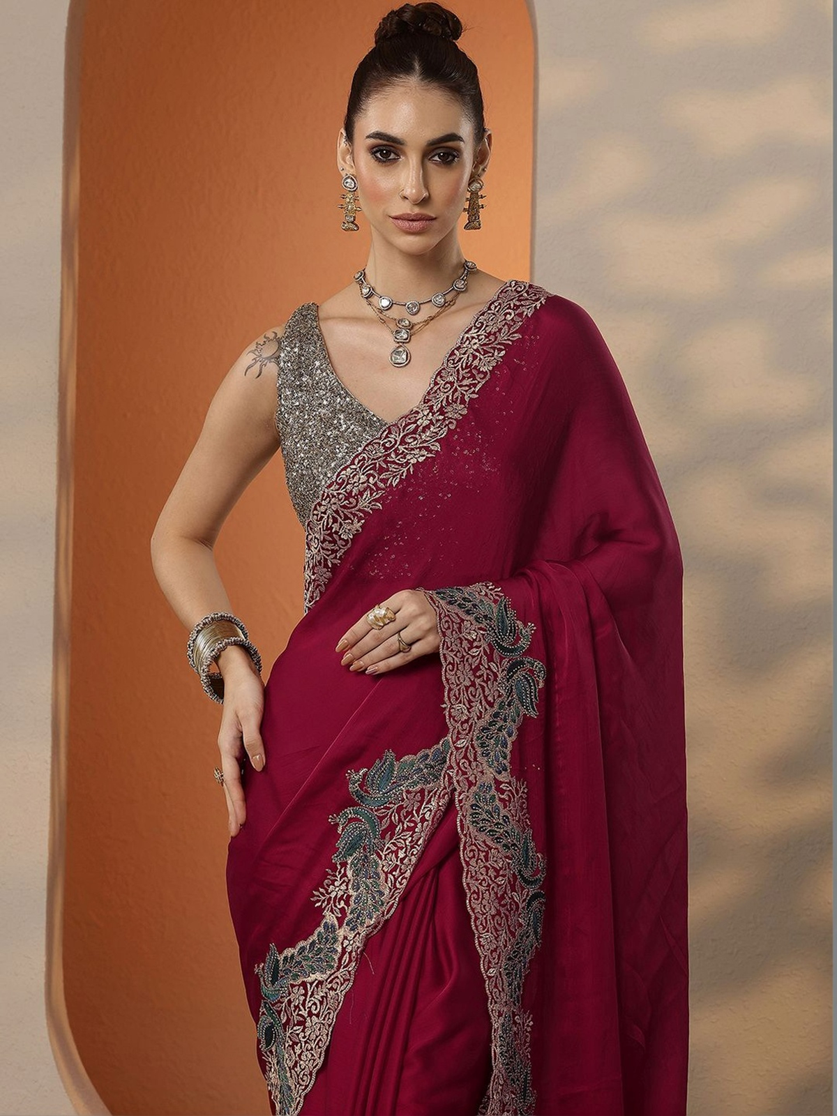 Red Chiffon Saree with Embroidered Border aromie