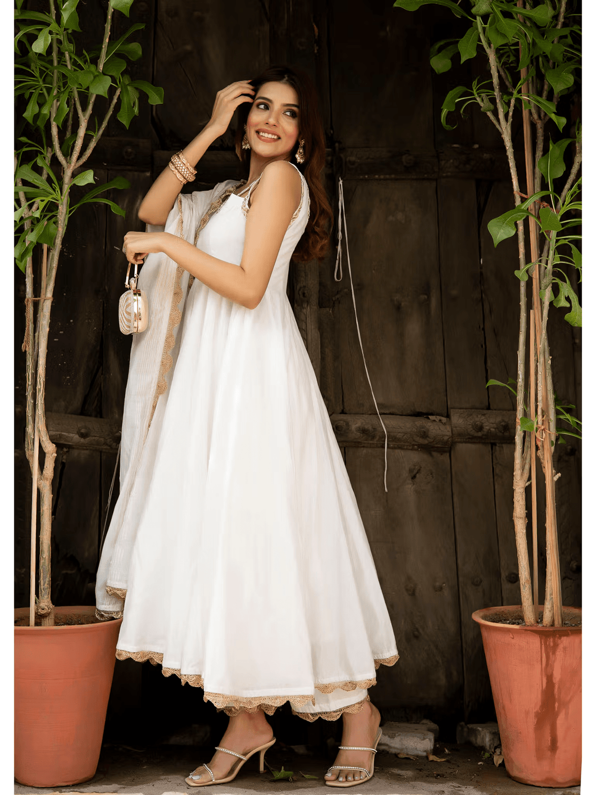 Elegant Three Piece Kurtha Set featuring Chanderi Anarkali suit Canada design with intricate detailing