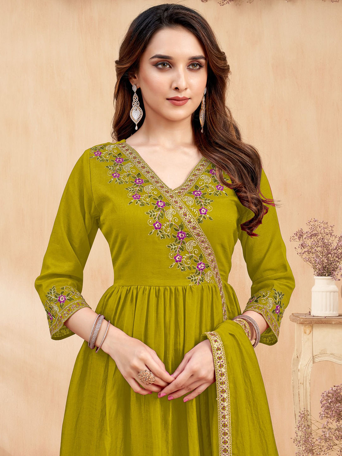 Chanderi jacket kurta set Canada featuring floral embroidery and a vibrant green color for festive occasions