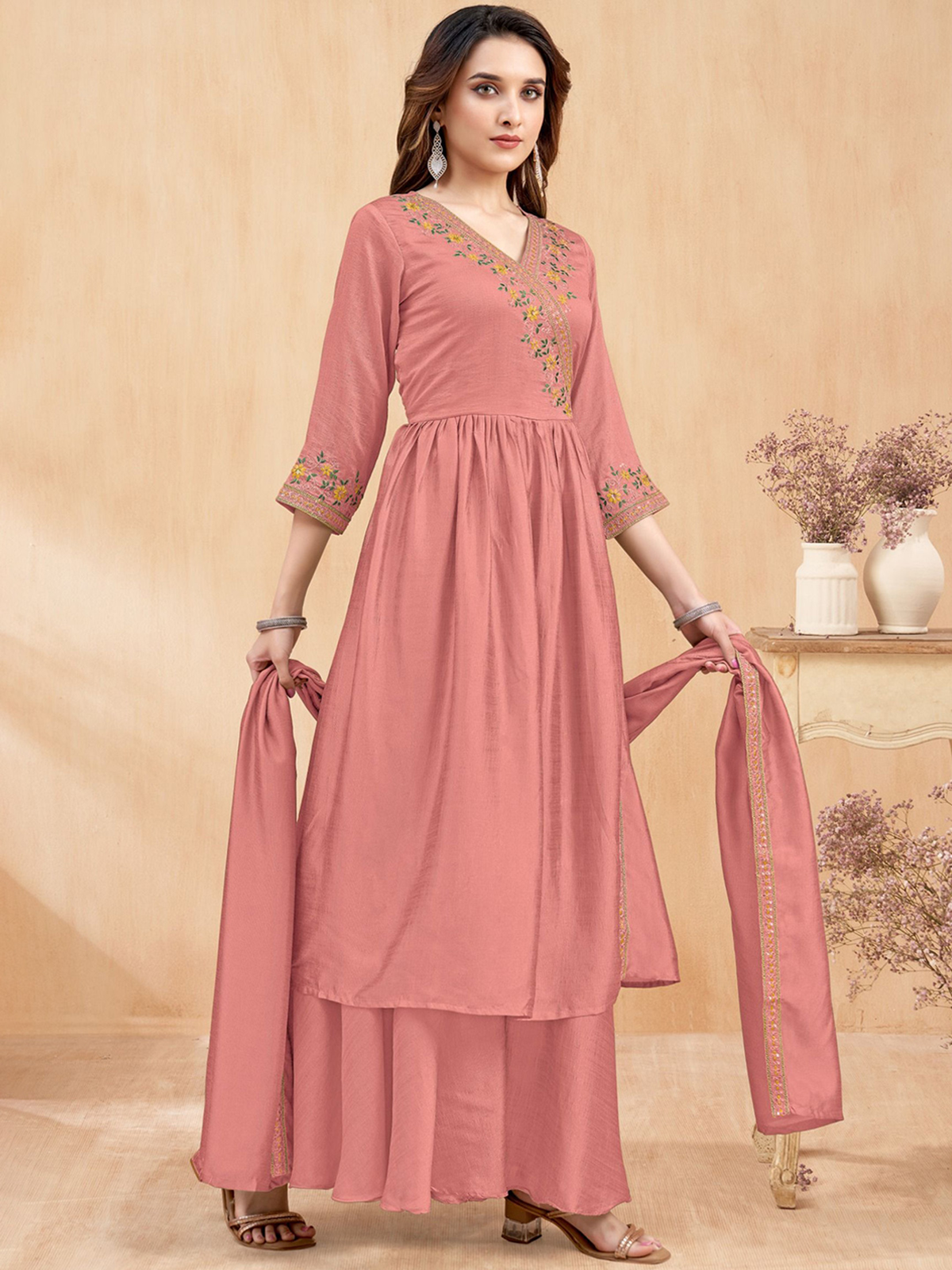 Aromie Chanderi jacket kurta set Canada in soft pink with floral embroidery and flowing fabric