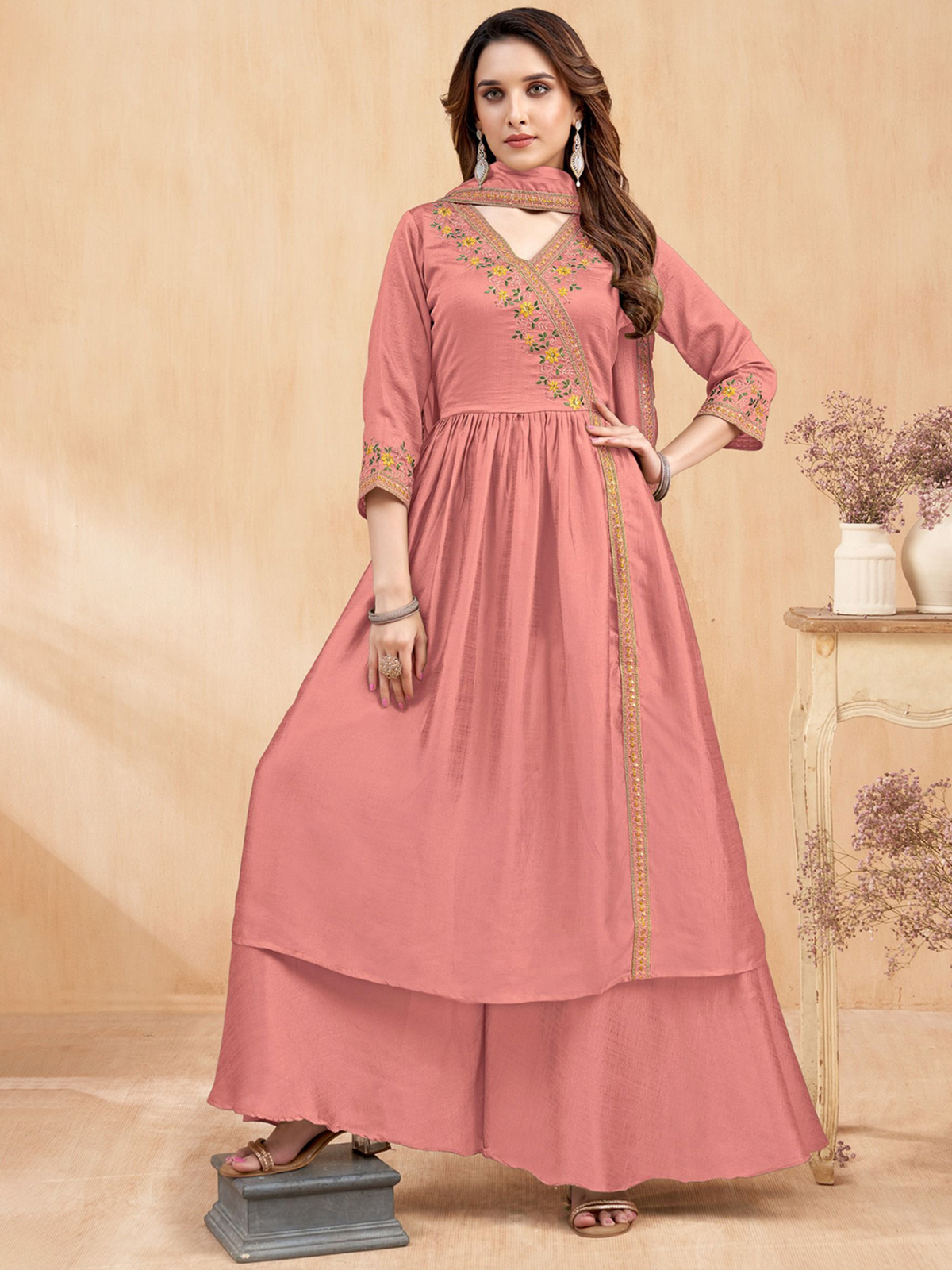 Elegant Chanderi jacket kurta set Canada with floral embroidery and layered design in soft pink
