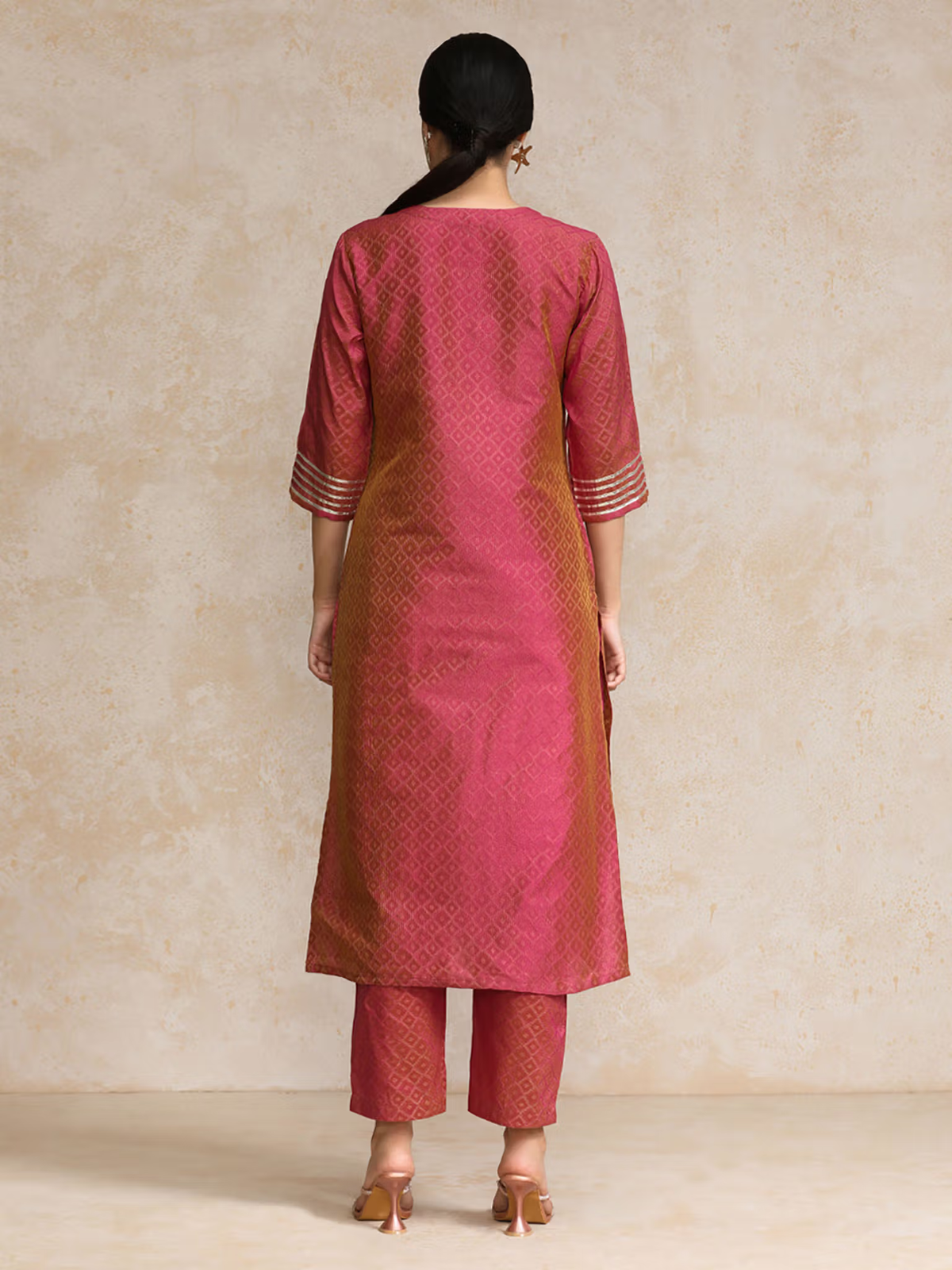 Aromie single piece kurta in pink with subtle pattern and straight pants, styled for women checkered jumpsuit for women