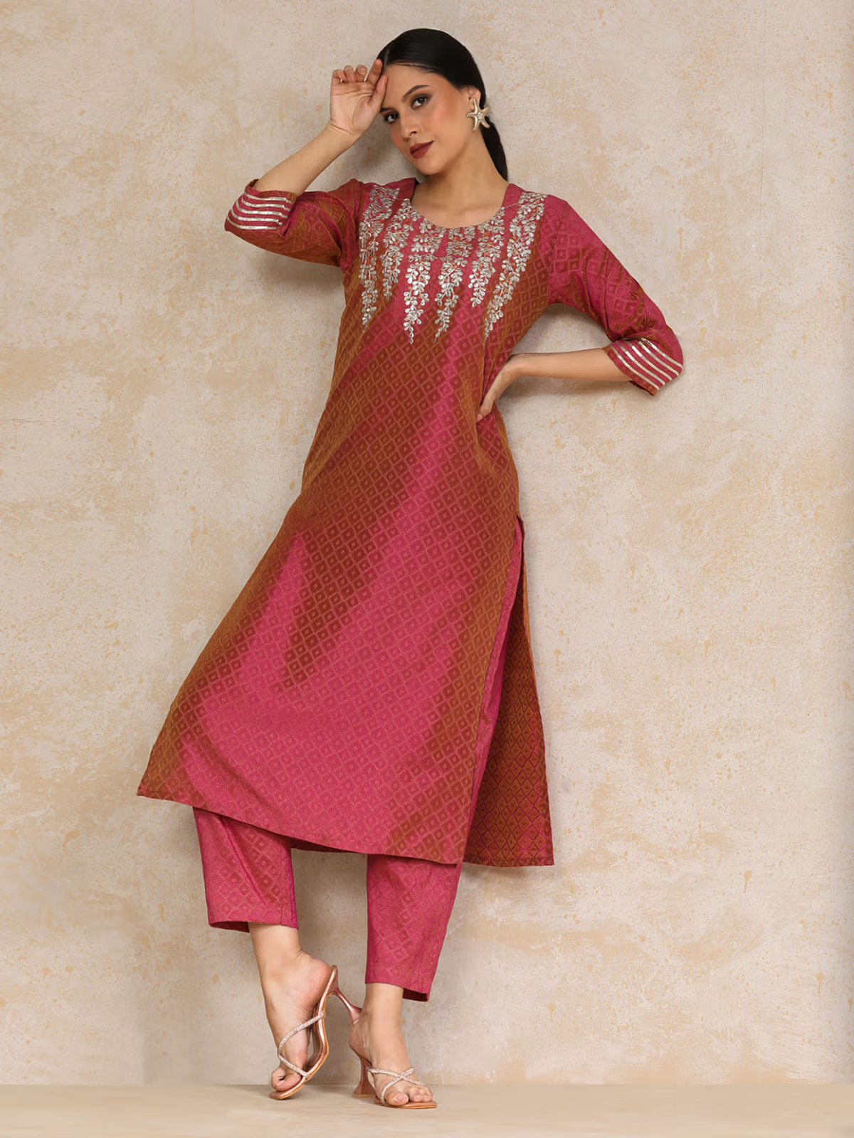 Aromie single piece kurta in pink with intricate embroidery and patterned fabric for elegant wear