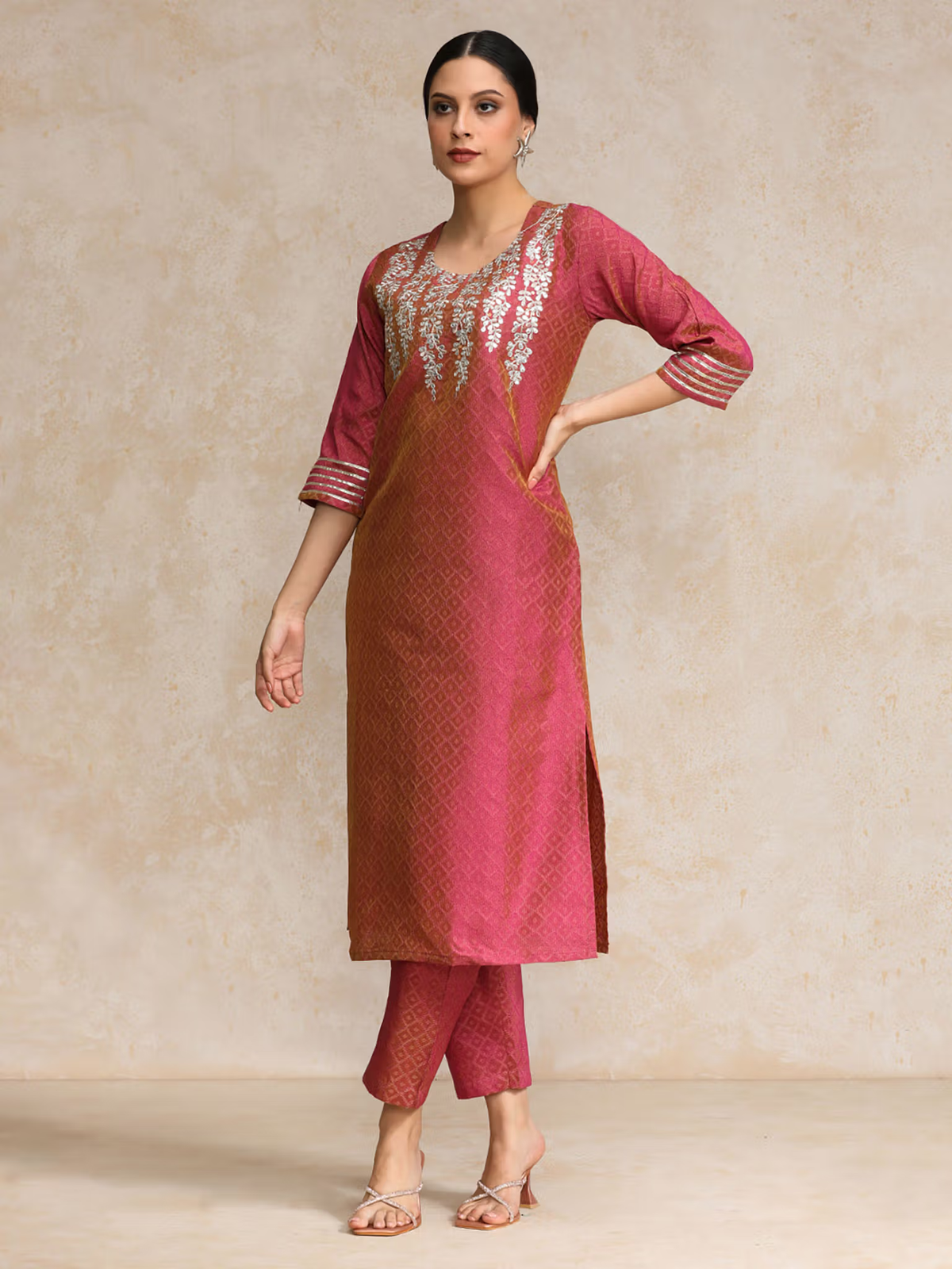 Aromie single piece kurta in pink with silver embroidery worn by model, not a checkered jumpsuit for women