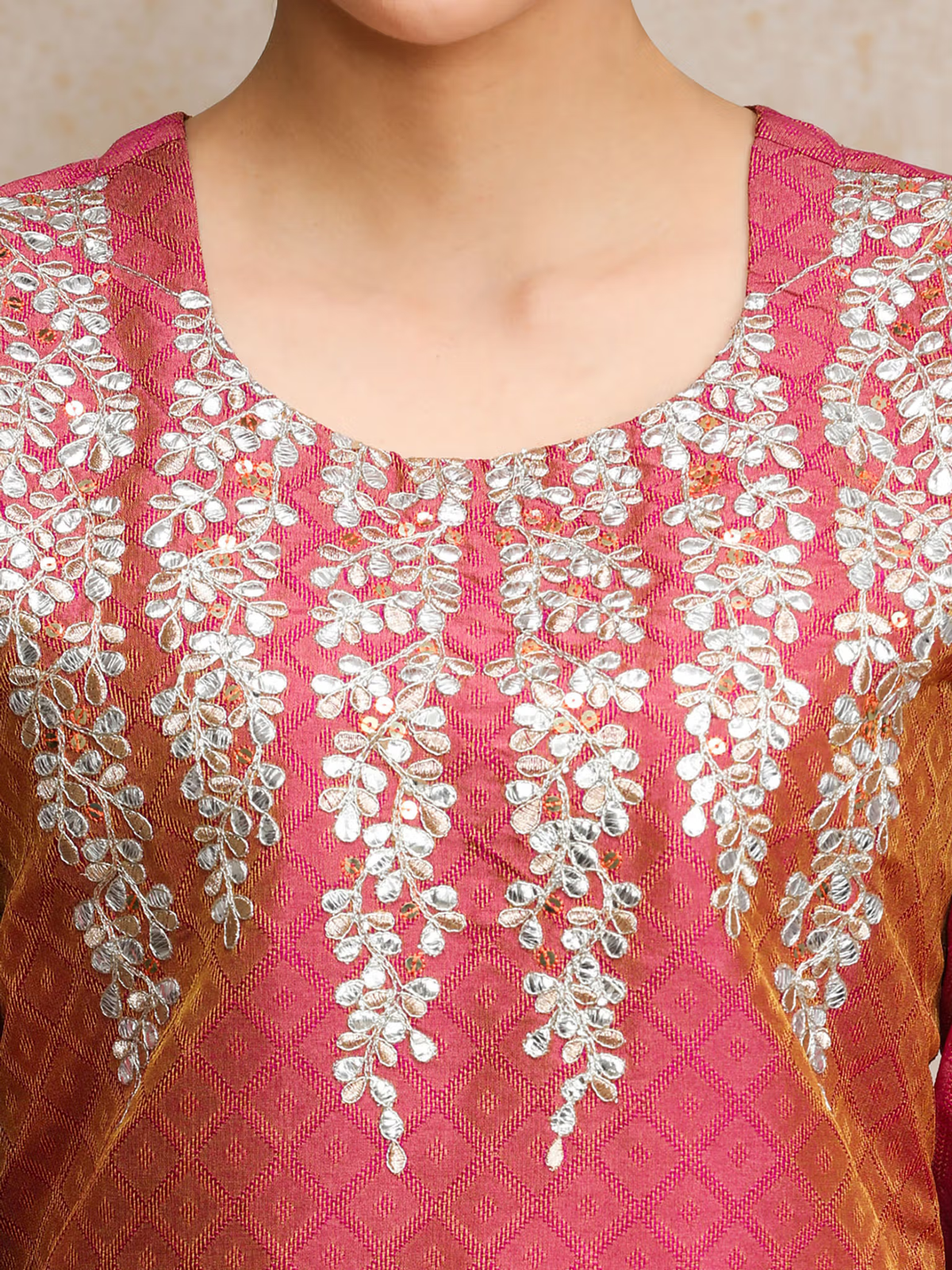 Aromie single piece kurta with intricate white floral embroidery on pink and gold checkered fabric
