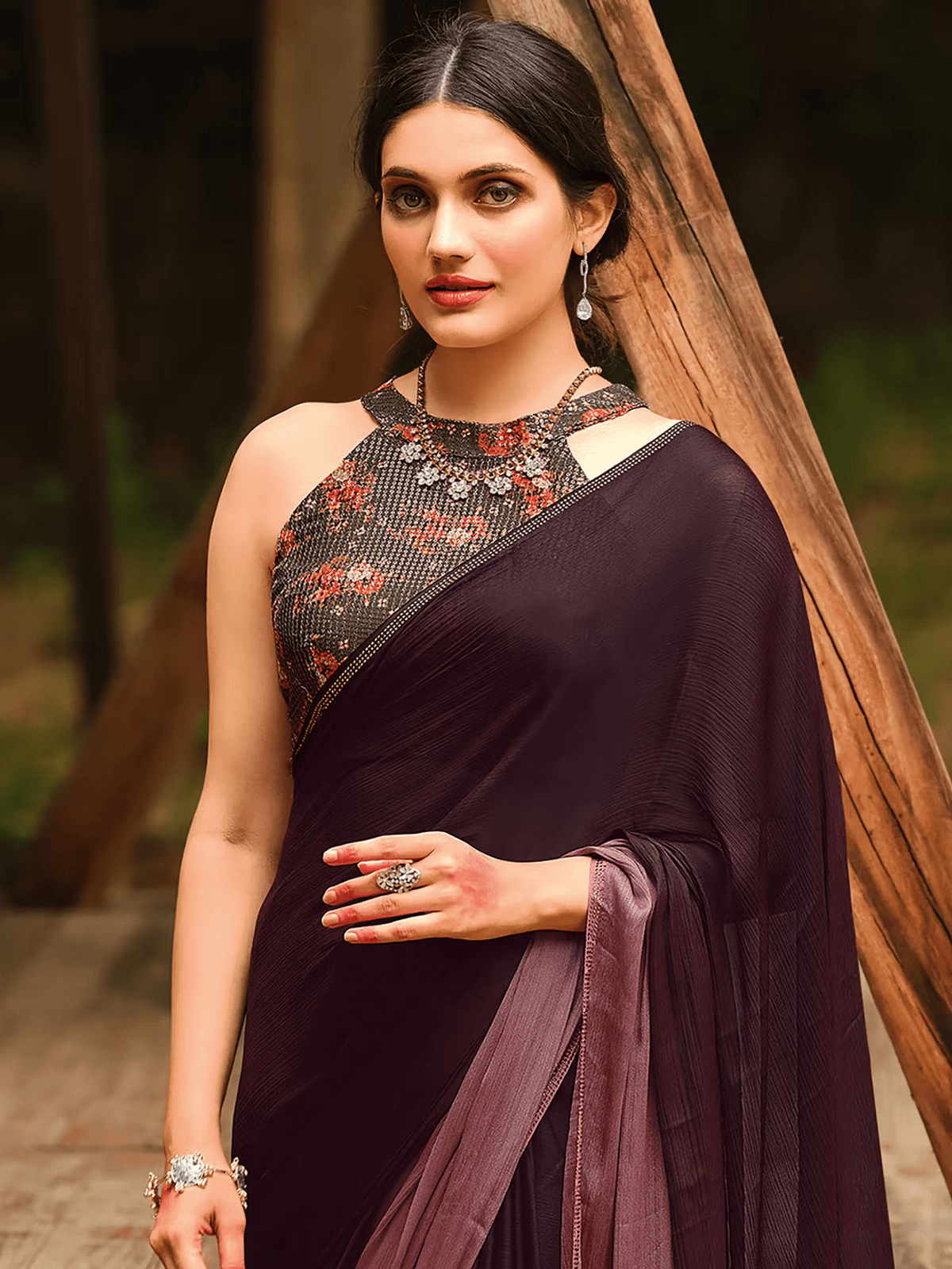 Chiffon Embellished Saree with Sequins – Includes Unstitched Blouse | Party Ready Look - aromie