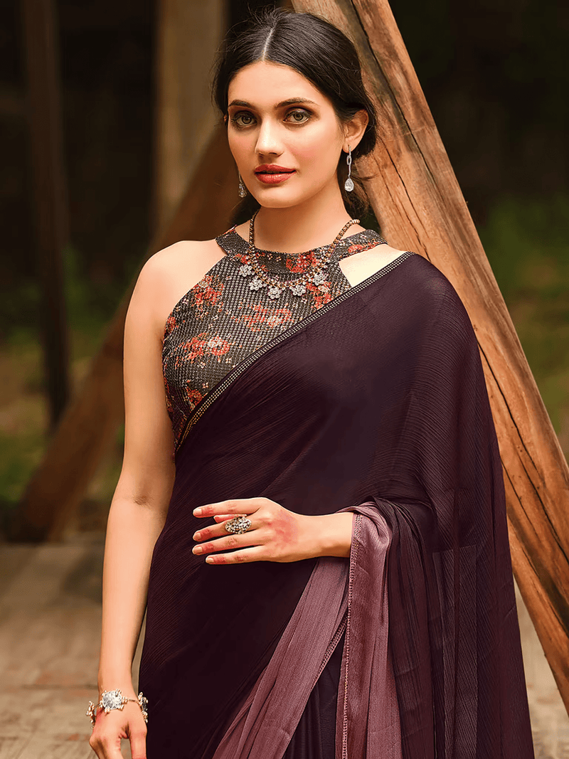 Chiffon Embellished Saree with Sequins – Includes Unstitched Blouse | Party Ready Look - aromie