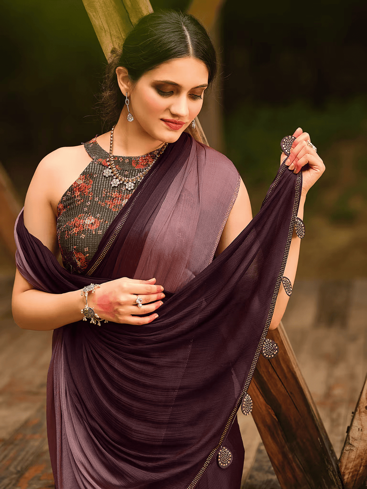 Chiffon Embellished Saree with Sequins – Includes Unstitched Blouse | Party Ready Look - aromie
