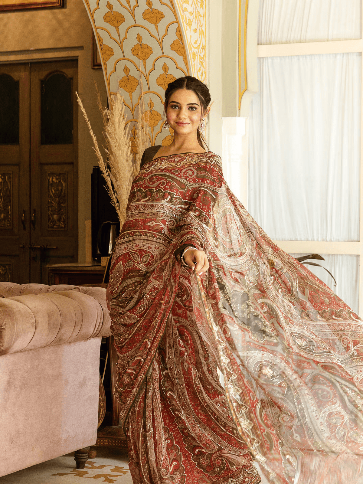 Chiffon Embroidered Saree with Zardozi Work – Includes Unstitched Blouse | Festive Wear - aromie