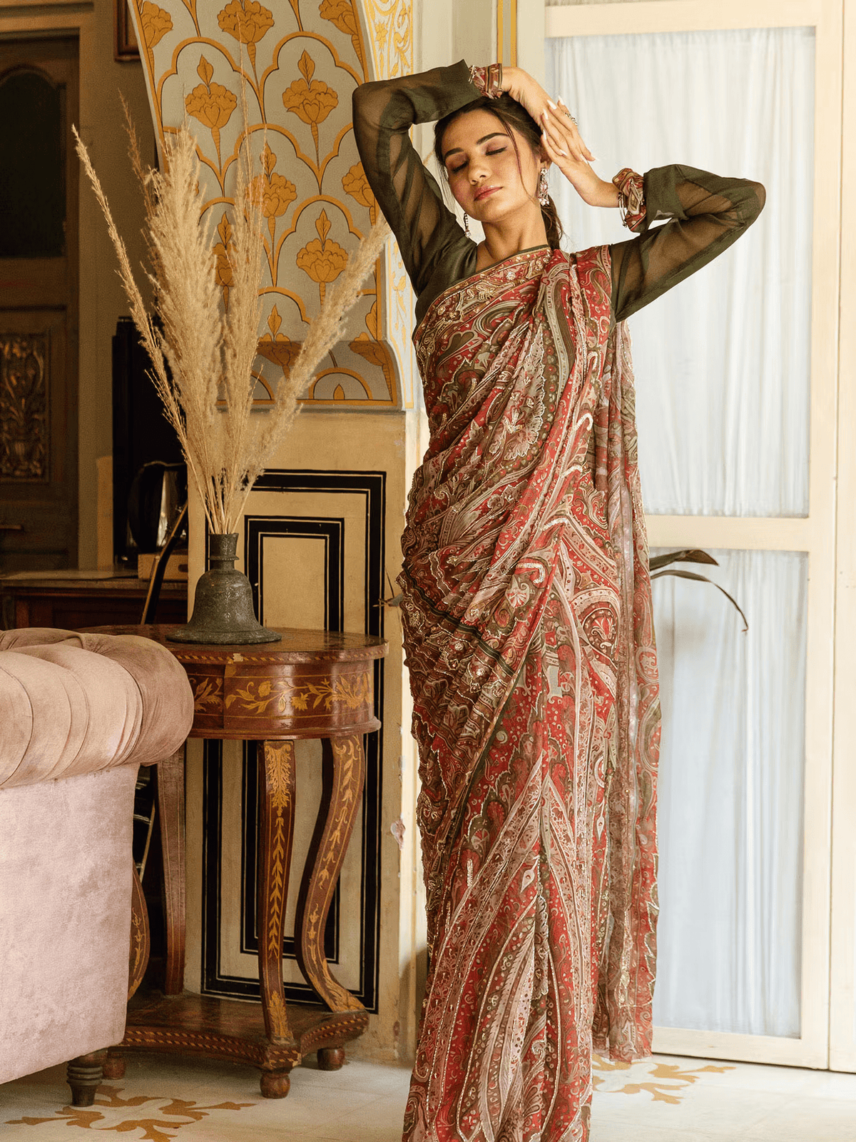 Chiffon Embroidered Saree with Zardozi Work – Includes Unstitched Blouse | Festive Wear - aromie