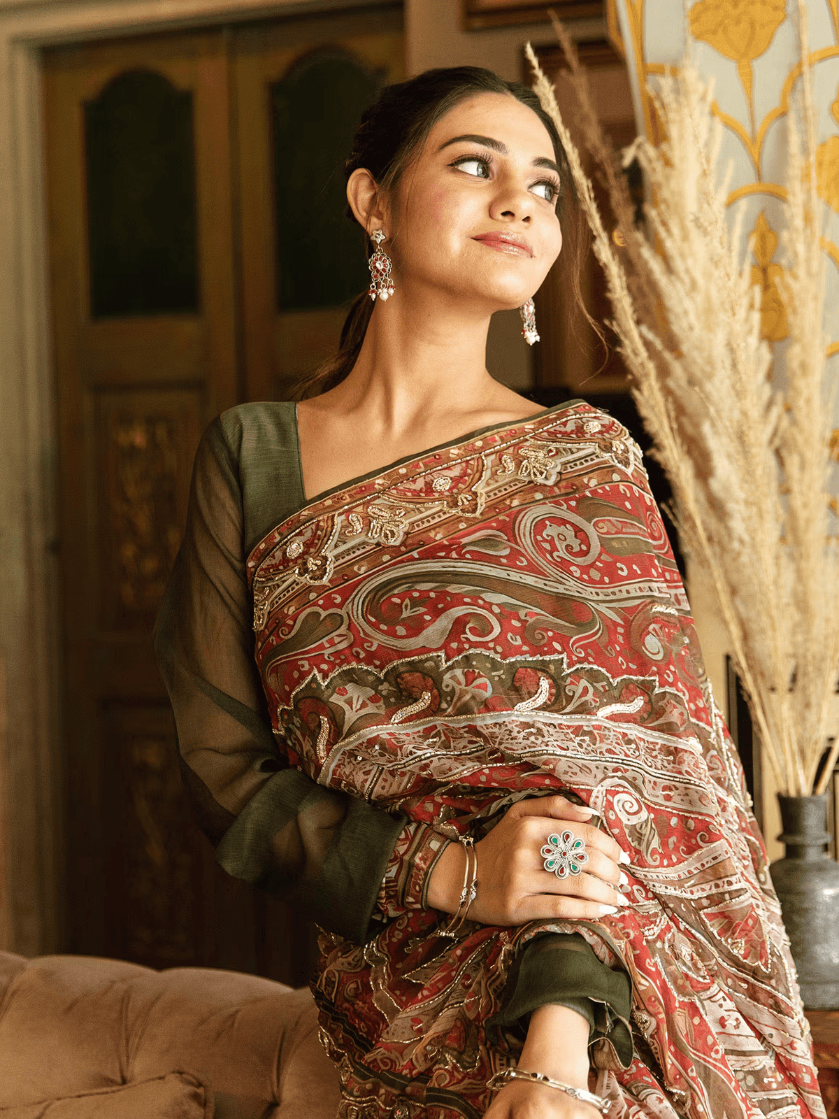 Chiffon Embroidered Saree with Zardozi Work – Includes Unstitched Blouse | Festive Wear - aromie