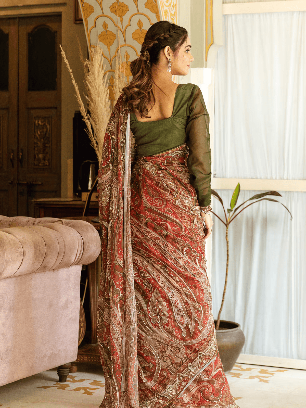 Chiffon Embroidered Saree with Zardozi Work – Includes Unstitched Blouse | Festive Wear - aromie