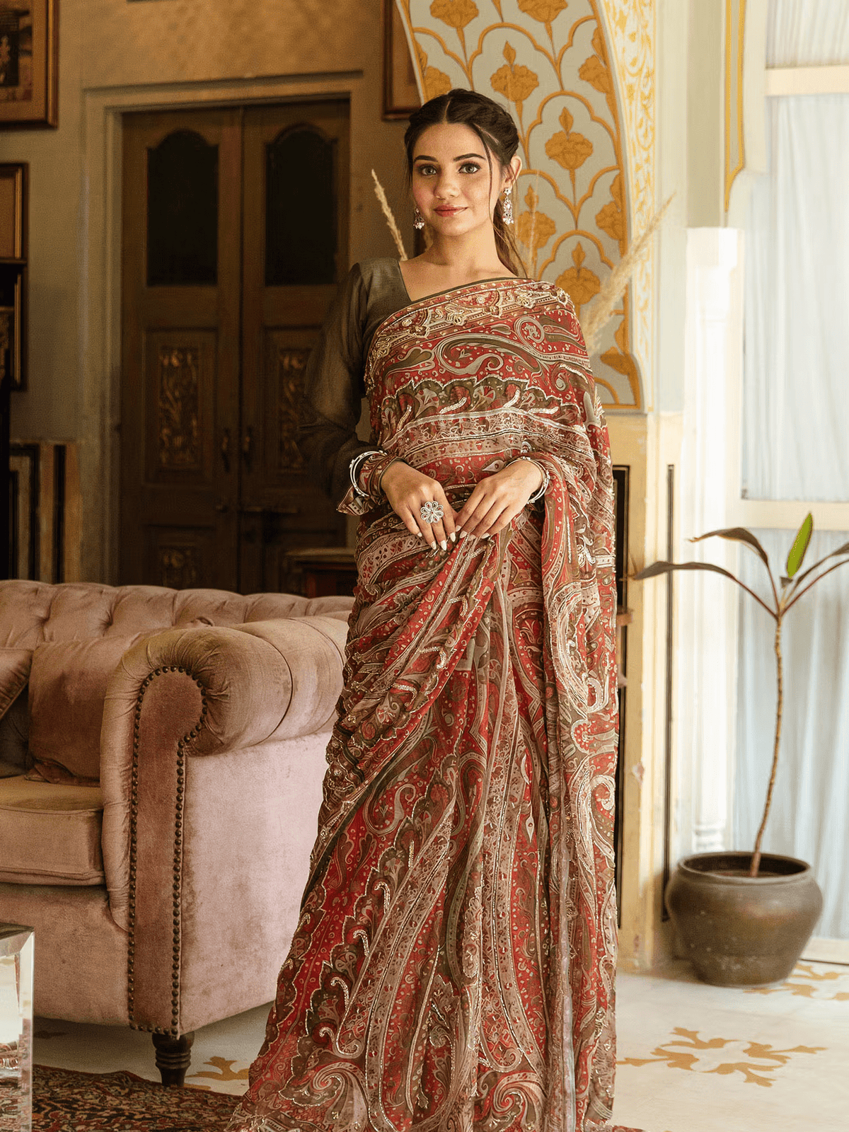 Chiffon Embroidered Saree with Zardozi Work – Includes Unstitched Blouse | Festive Wear - aromie