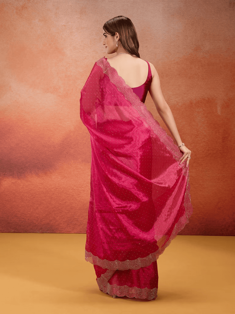 Chiffon Organza Blend Embellished Saree with Unstitched Blouse - aromie