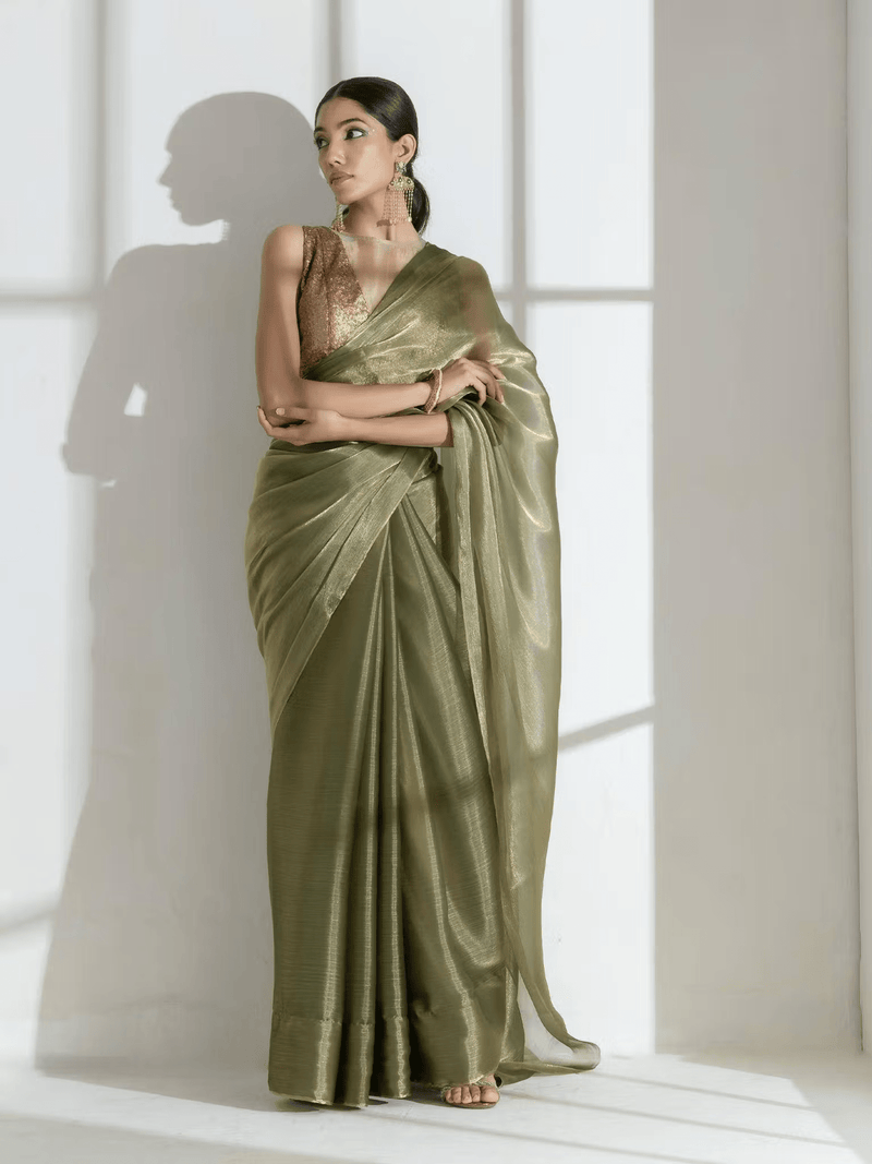Chiffon Saree with Bead and Stone Work – Lightweight Party Wear with Unstitched Blouse - aromie