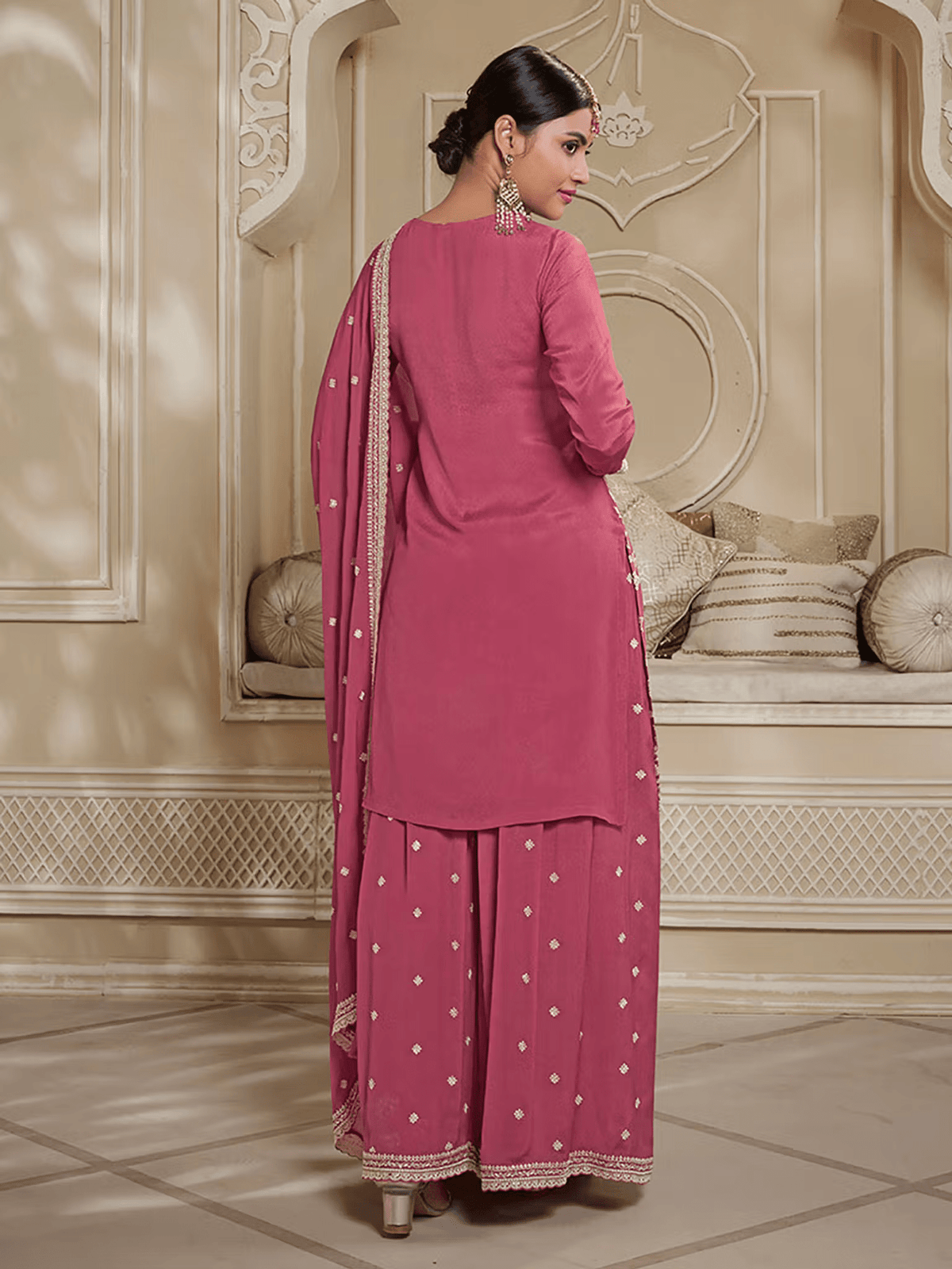 Aromie chiffon sharara kurta set in pink with elegant embroidery and a flowing silhouette