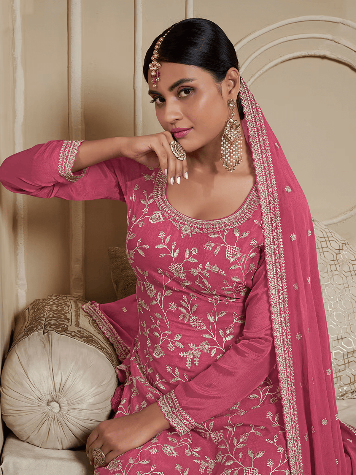 Elegant three piece chiffon sharara kurta set in pink with intricate embroidery and matching dupatta