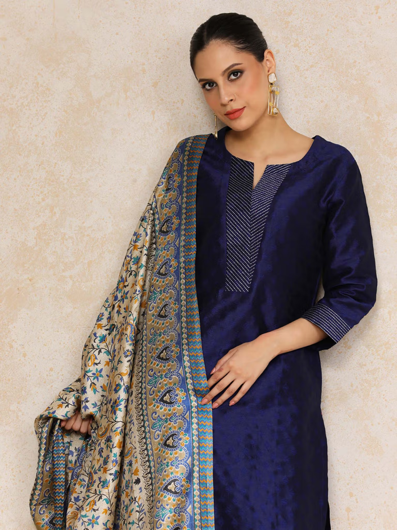 Elegant Chinnon Anarkali Kurta Set in navy blue with a beautifully patterned dupatta and stylish neckline