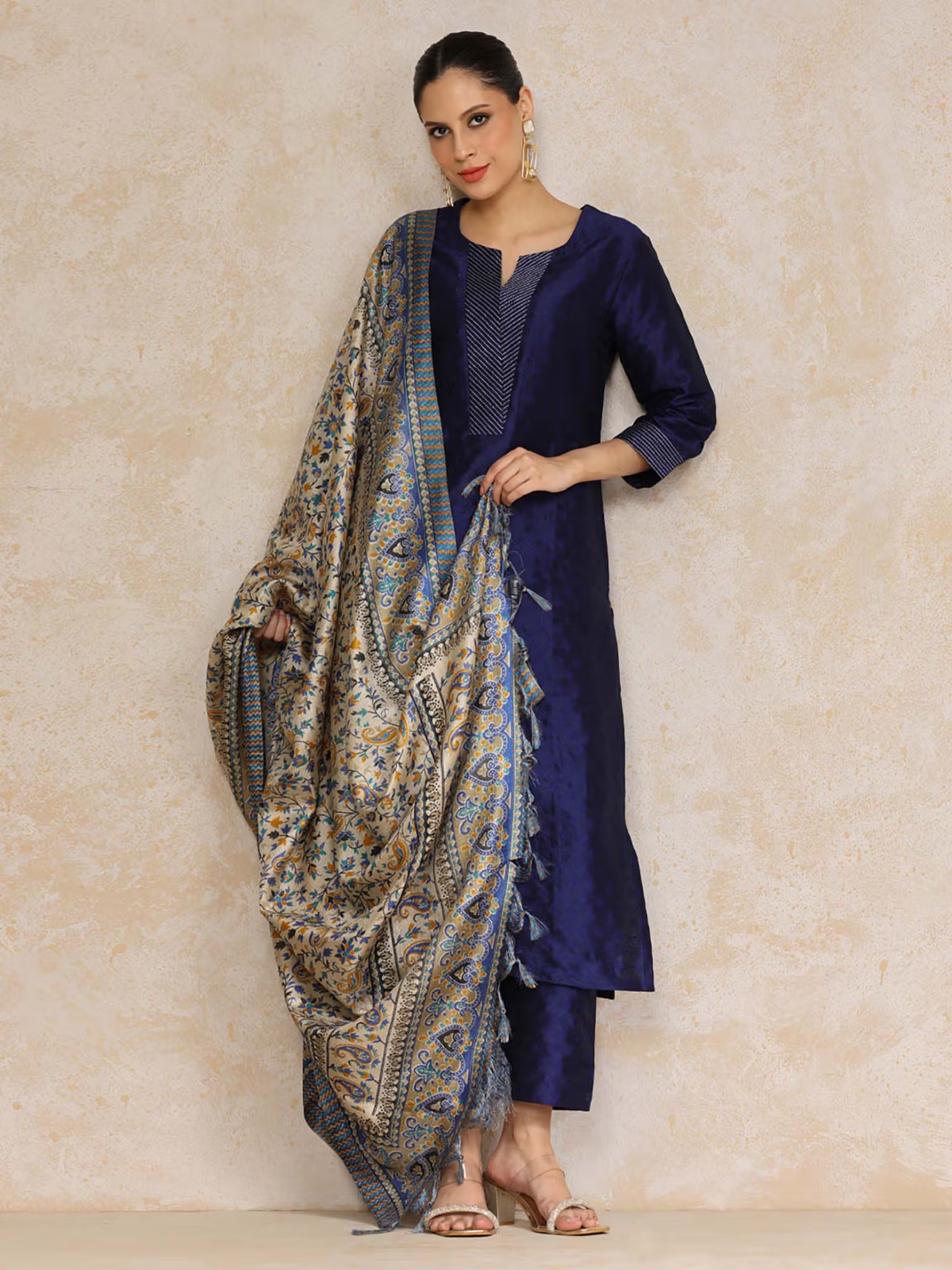 Elegant Chinnon Anarkali Kurta Set in navy blue with a patterned dupatta for festive occasions