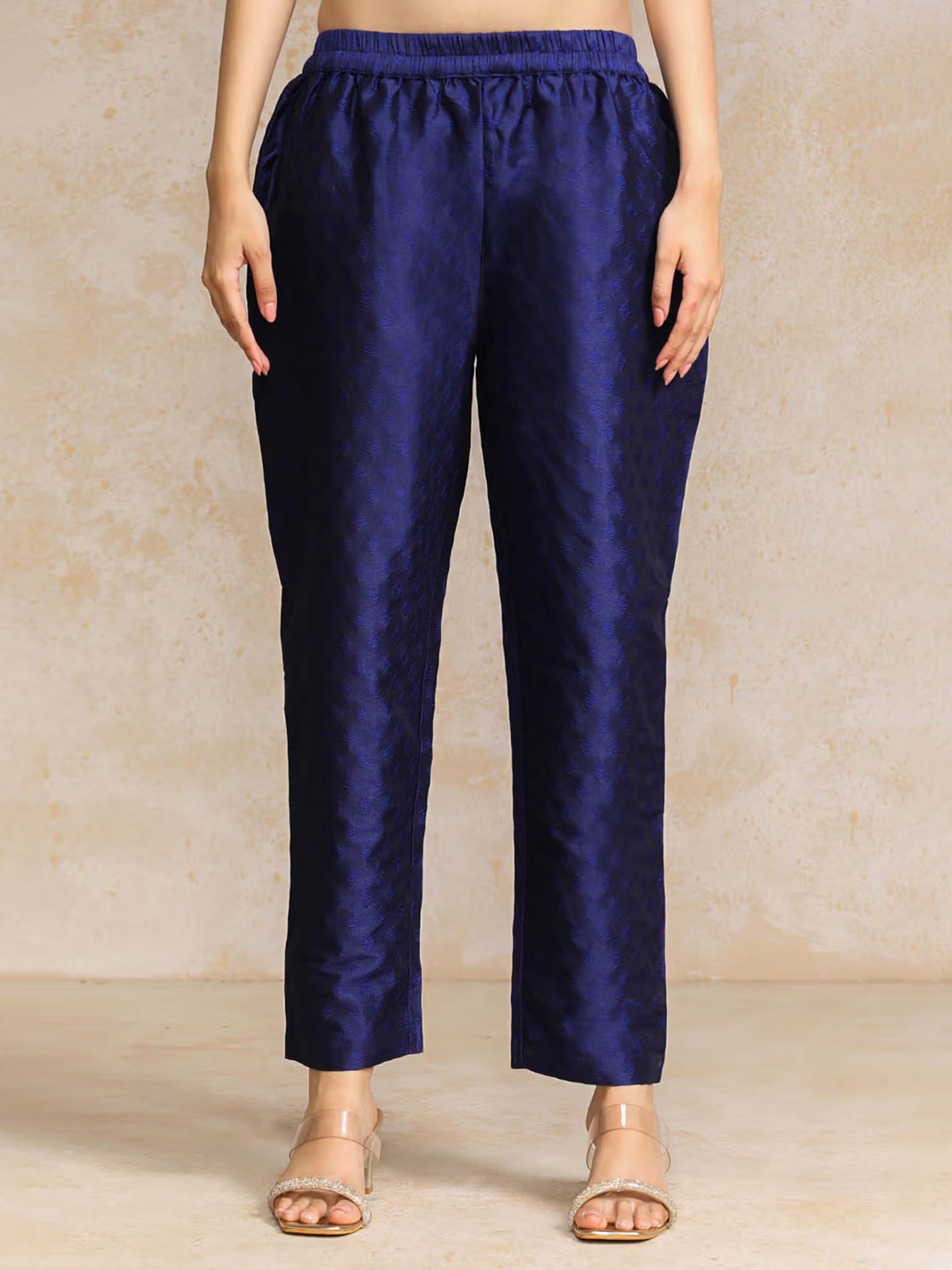 Navy Blue Chinnon Anarkali Kurta Set Trousers with Elasticated Waist for Comfortable Fit