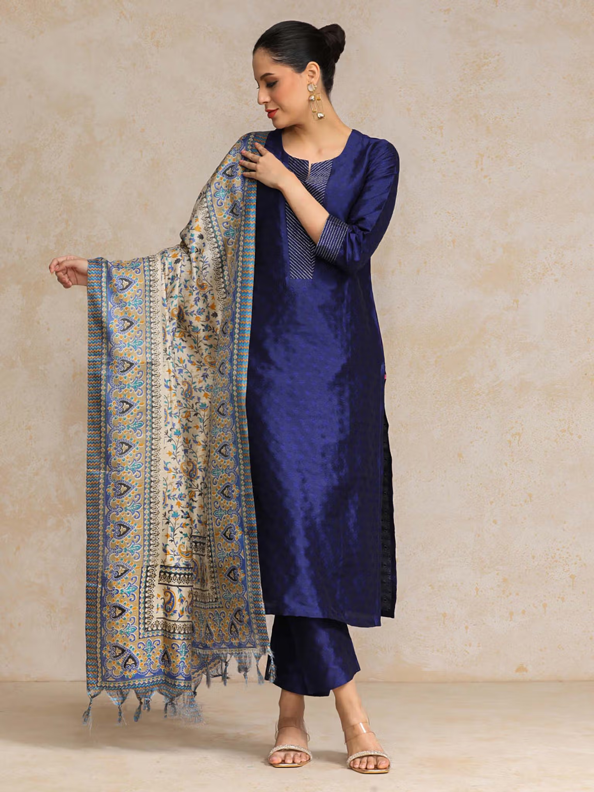 Elegant Chinnon Anarkali Kurta Set in royal blue with a patterned dupatta for festive occasions