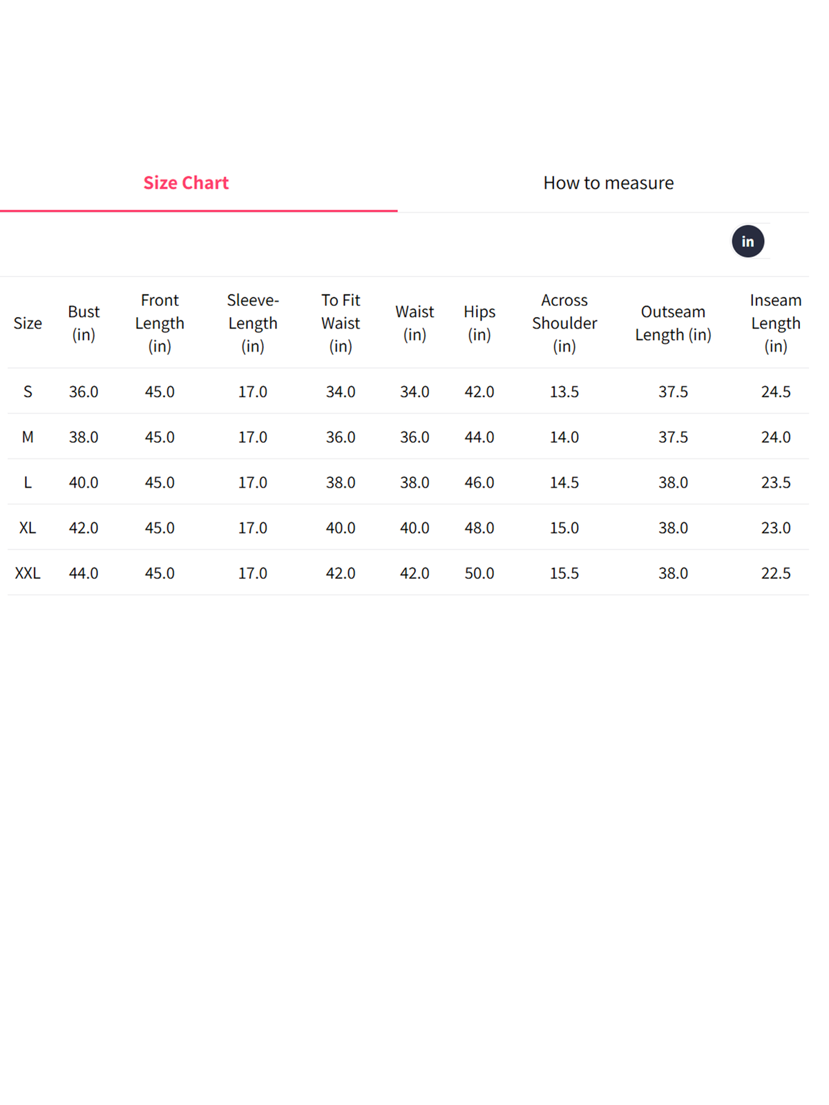Size chart for Aromie Chinnon Anarkali Kurta Set showing measurements for various sizes