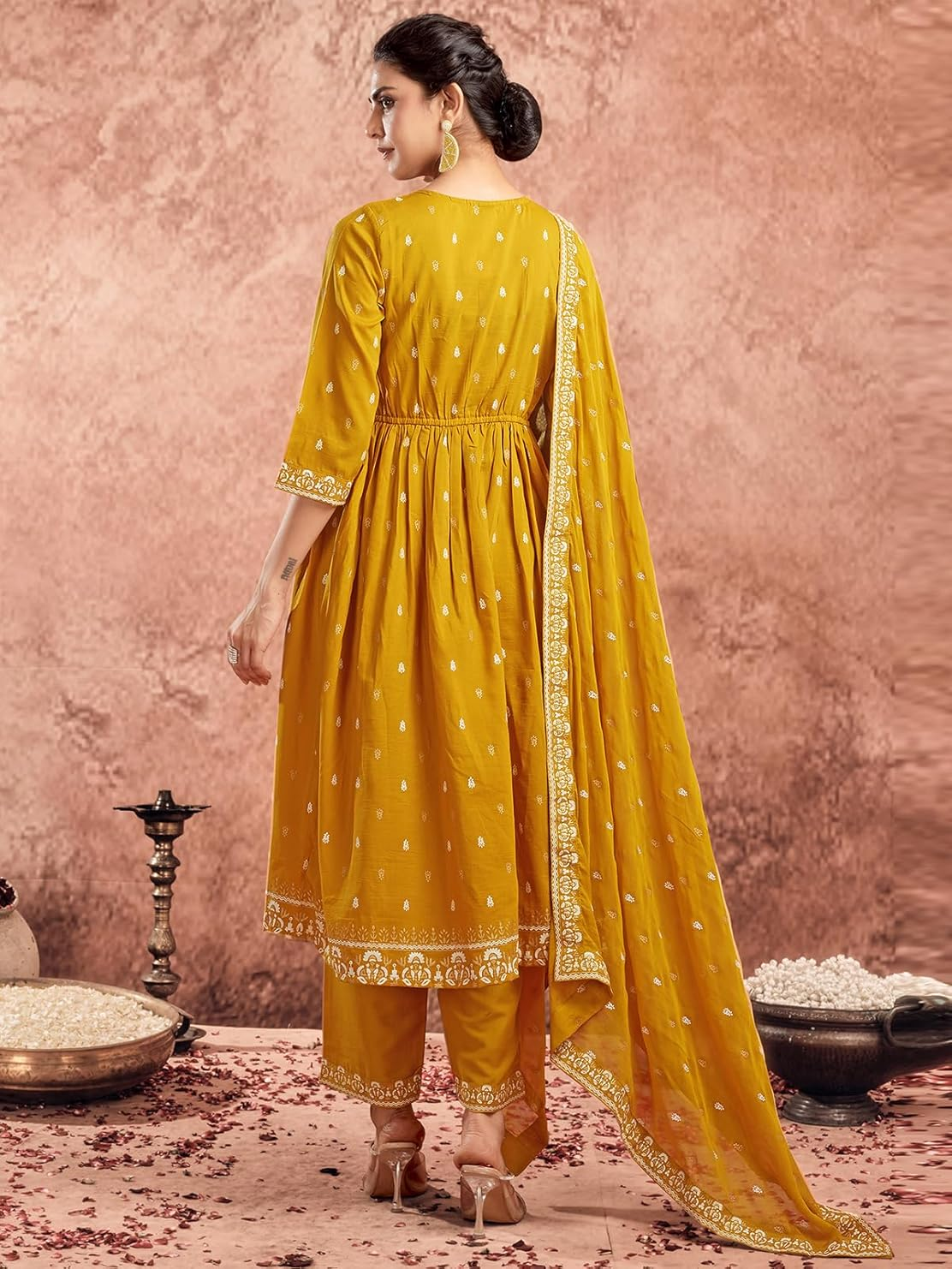 Chinnon Anarkali Kurta Set in yellow with elegant embroidery and stylish dupatta for festive wear