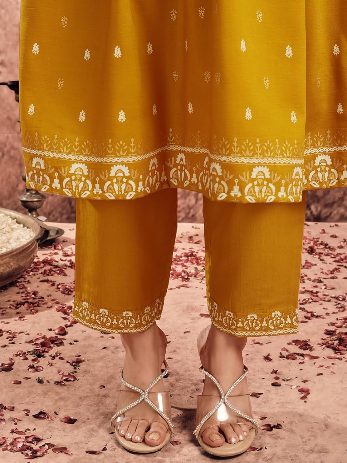 Elegant Chinnon Anarkali Kurta Set in Mustard Yellow with Intricate Embroidery and Matching Pants