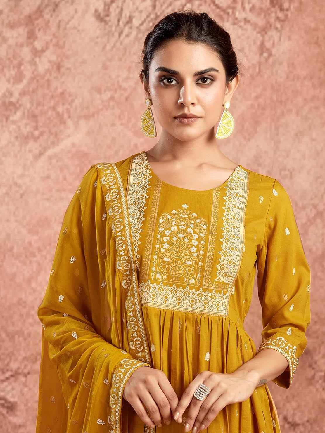 Chinnon Anarkali Kurta Set in mustard yellow with intricate embroidery and paired dupatta for elegant dressing