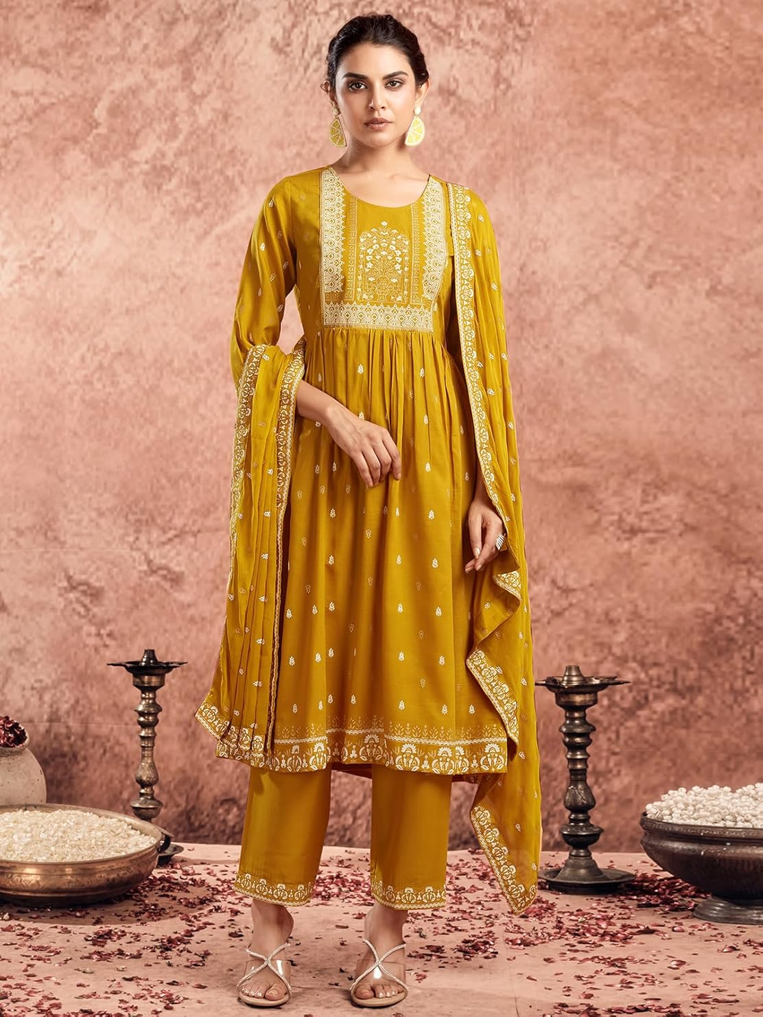 Chinnon Anarkali Kurta Set in mustard yellow with intricate embroidery and elegant palazzo pants