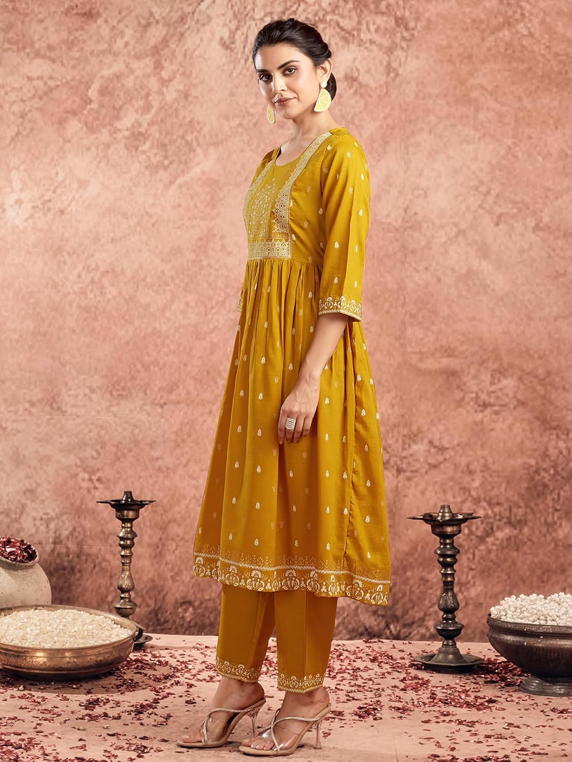 Elegant Chinnon Anarkali Kurta Set in mustard yellow with intricate embroidery and coordinating pants