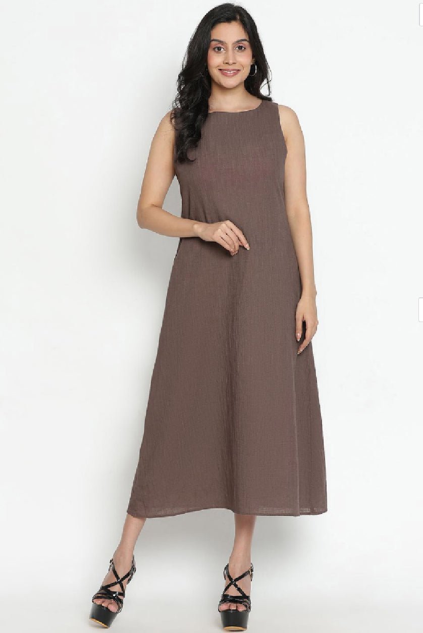 Coffee Brown Cotton A - Line Midi Dress – Sleeveless Appliqué Detail Casual Dress for Women - aromie