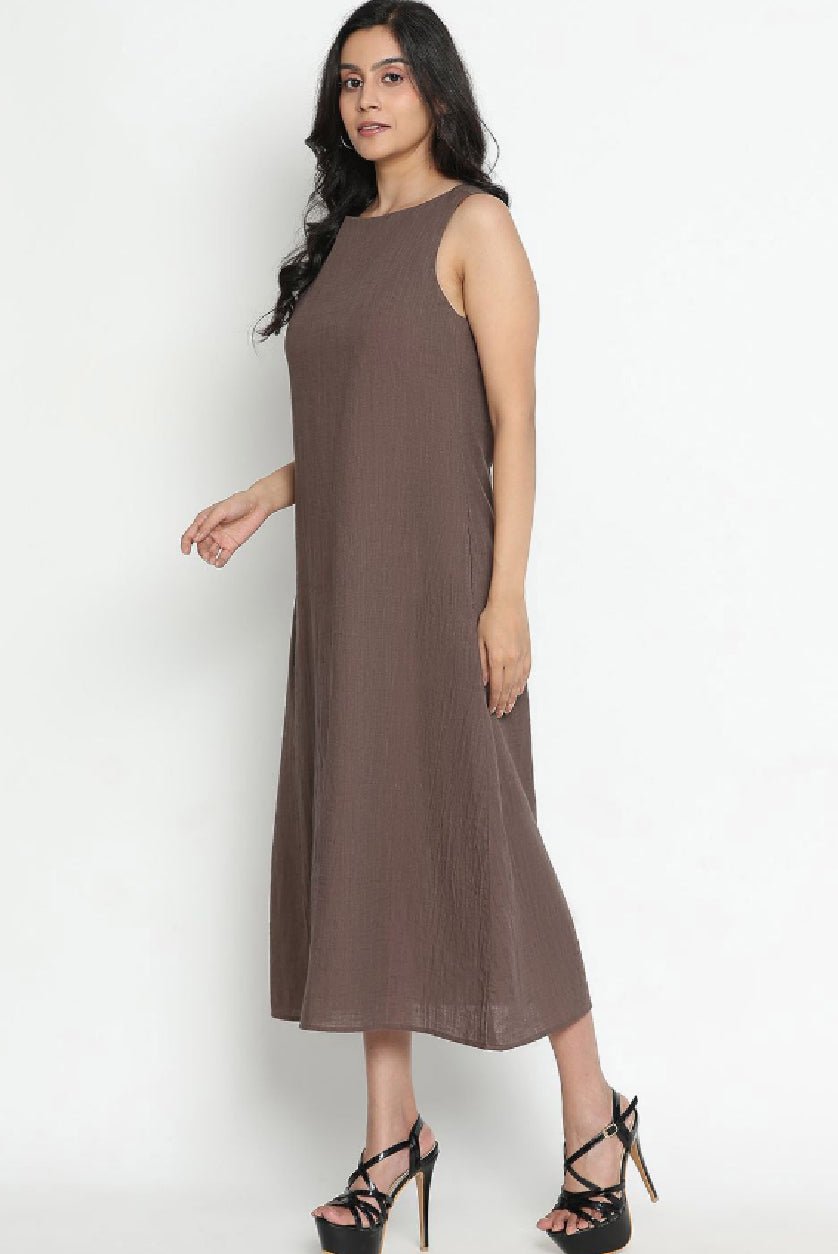 Coffee Brown Cotton A - Line Midi Dress – Sleeveless Appliqué Detail Casual Dress for Women - aromie