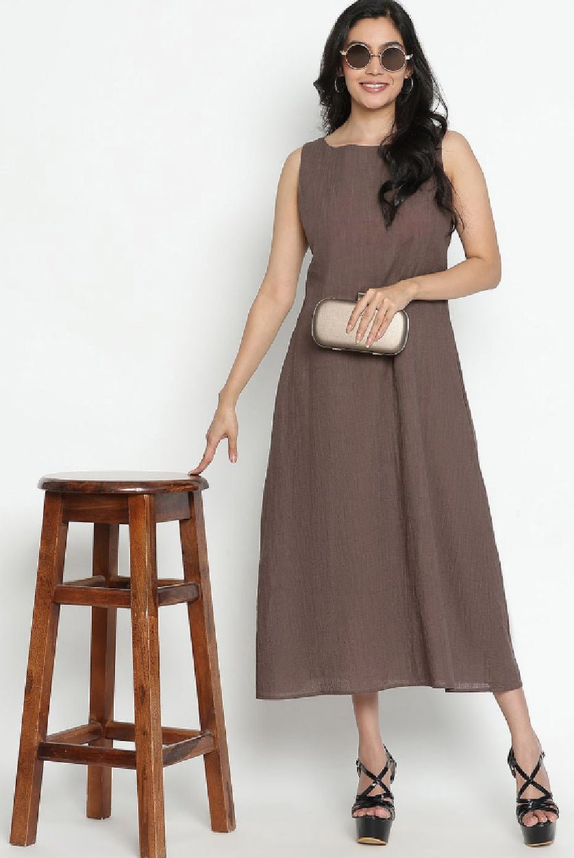 Coffee Brown Cotton A - Line Midi Dress – Sleeveless Appliqué Detail Casual Dress for Women - aromie