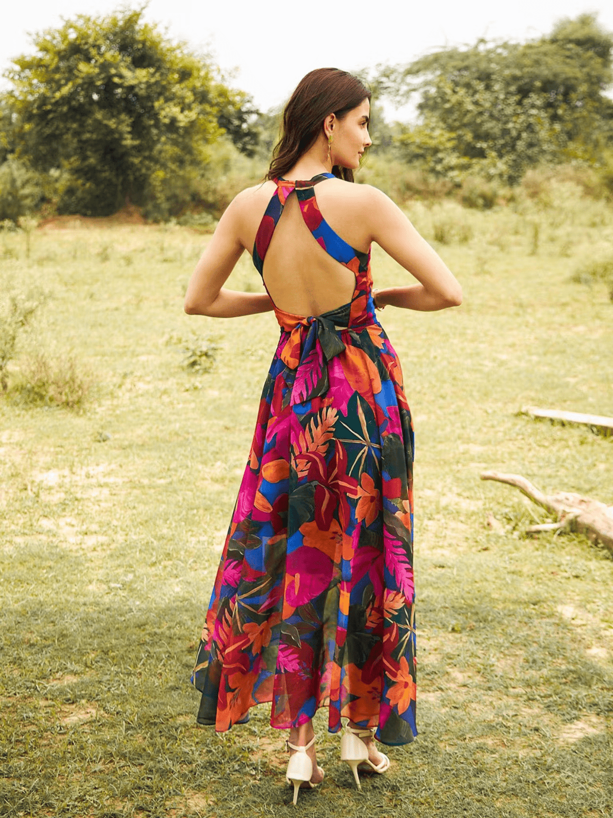 Colorful Backless Halter Dress for Women