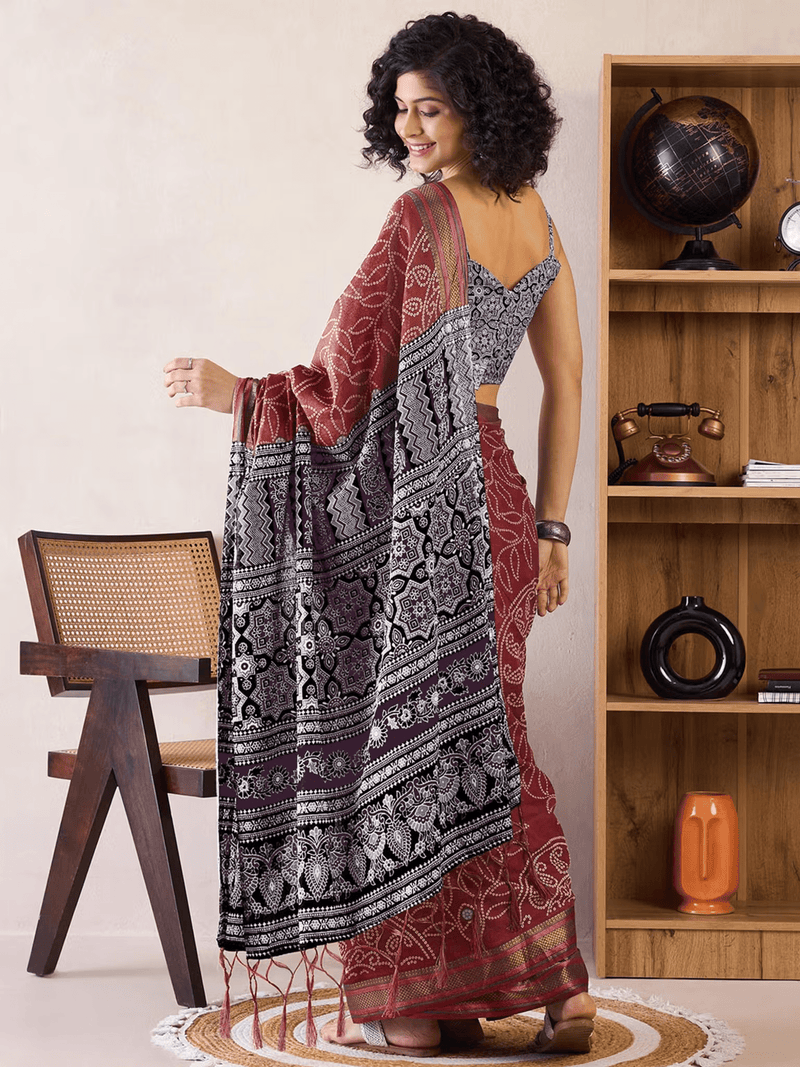 Comfortable Brown Printed Cotton Saree | Pre - Draped Saree with Blouse Canada - aromie